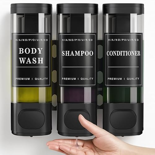 CeeVian Dispensador de champú para ducha, 3 cámaras, sin taladro, montado en la pared, dispensador de champú y acondicionador para baño, inodoro,