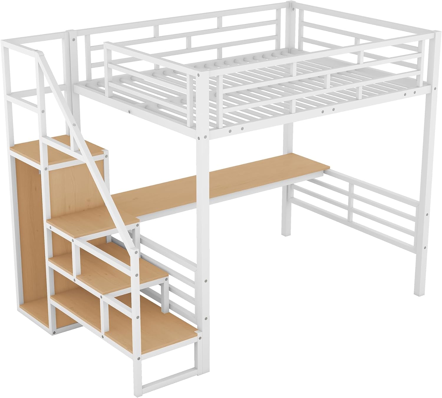 Angled view of the assembled Bellemave Full Size Metal Loft Bed frame, showing the metal structure and wooden desk and stair components.