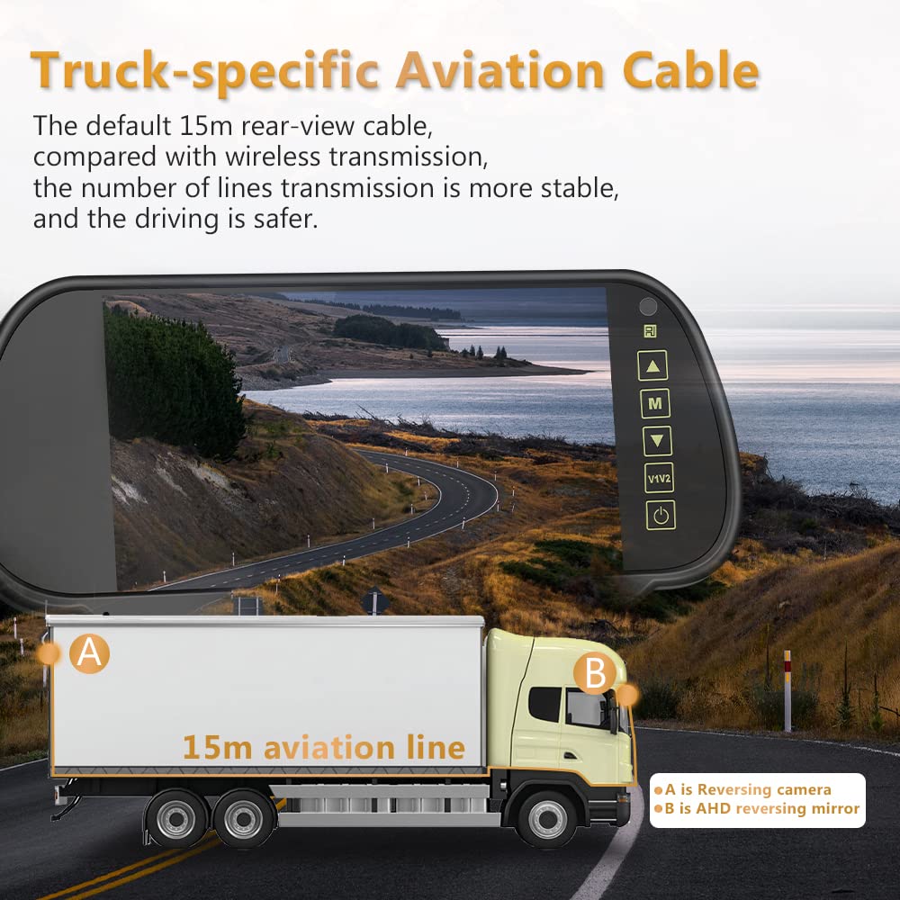 Inefala Kit Telecamera Posteriore con 7" HD Specchietti Retrovisori Monitor, +Telecamera di Retromarcia Grandangolare Impermeabile Visione Notturna +15M Cavo per RV Bus Truck Camping 12V-24V