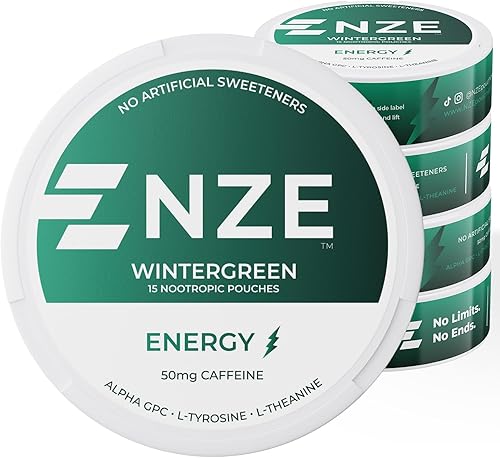 NZE Bolsas nootrópicas de cafeína (verde invierno)  Bolsas energéticas con 50 mg de cafeína, Alpha GPC, L-tirosina y L-teanina sin azúcar ni
