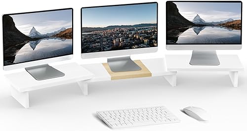 TEAMIX Soporte elevador de monitor doble triple, longitud y ángulo ajustable, doble monitor, organizador de escritorio de esquina de 50 pulgadas de