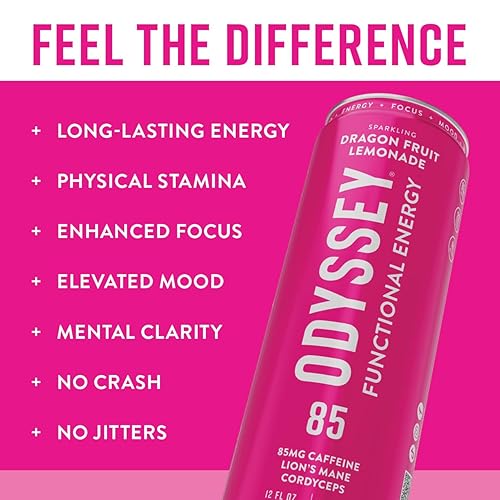 Vista 3 de Odyssey - Bebida energética funcional para la concentración, la cognición y el estado de ánimo, paquete de 12 - Bebida adaptogénica con 85 mg