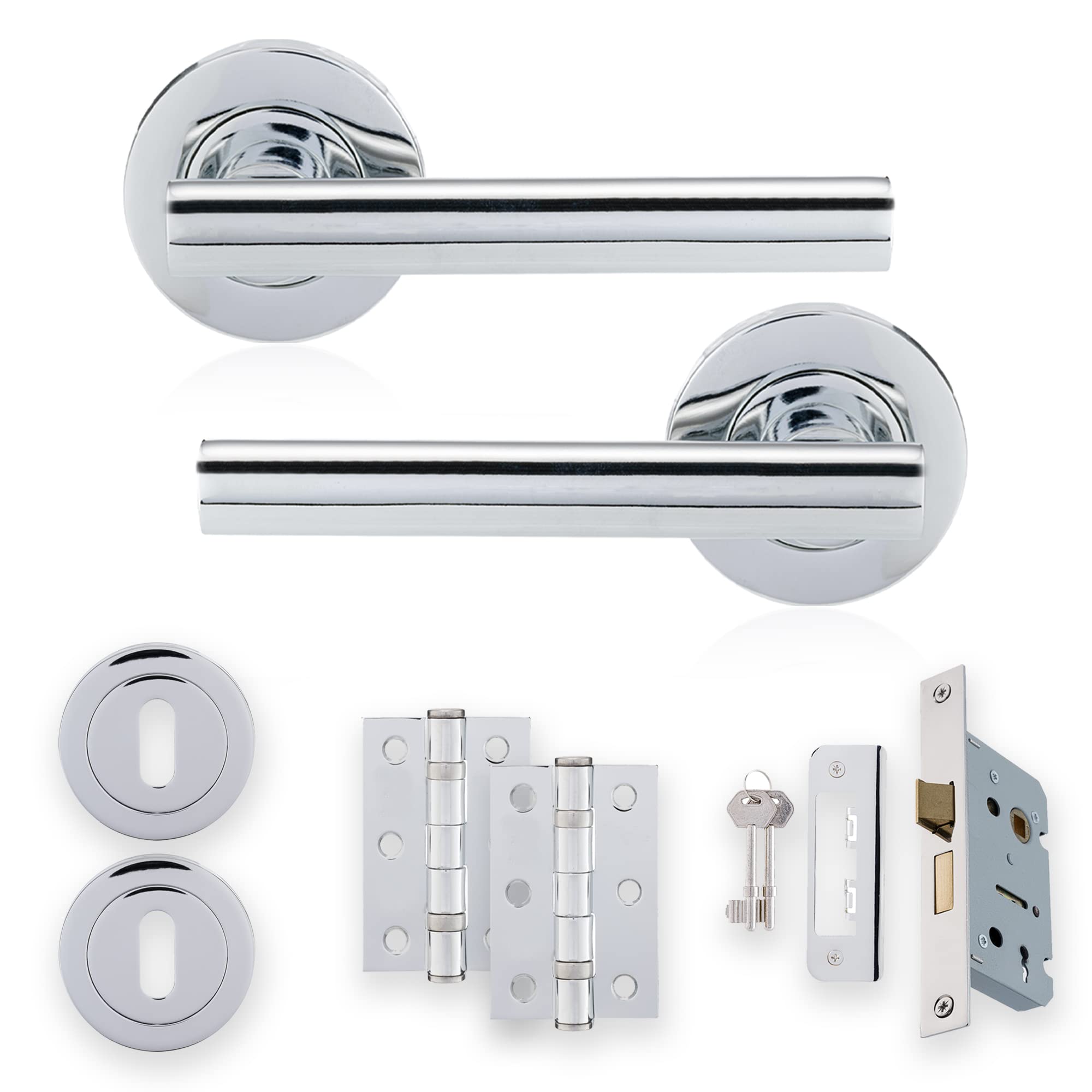 XFORT Polished Chrome Liberty Lever On Rose Lock Pack, Complete Set with T-Bar Door Handles, 65mm Sashlock, 75mm Ball Bearing Hinges and Escutcheons, for Wooden Doors Requiring Key Locking Security.