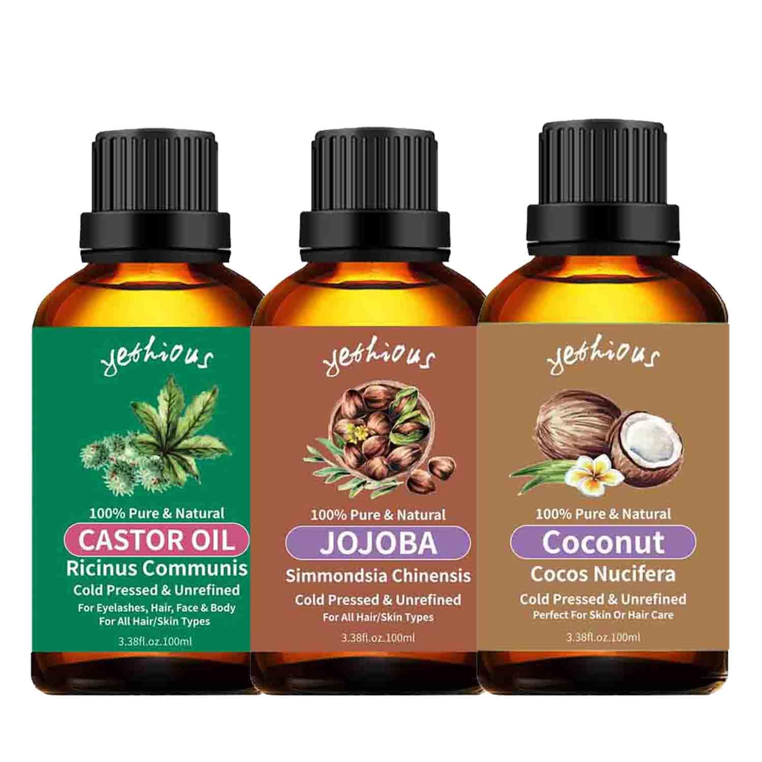 yethious Castor Oil Bundle With Coconut Oil Bundle With Jojoba Oil Organic for Car Freshies Soy Candles, Home Aromatherapy 3.38 Fl Oz