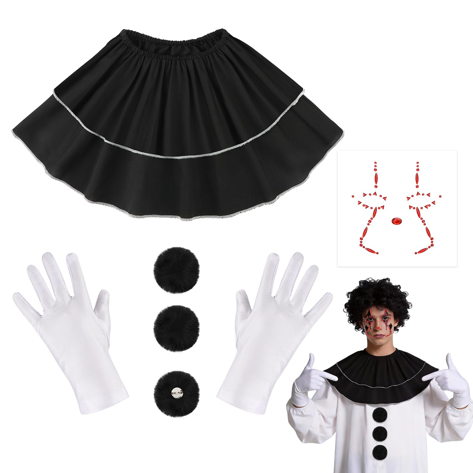 4 PCS Scary Clown Accessories Women Men, Killer Clown Collar Ruffle Face Gems Black Pompoms White Gloves, Halloween Costume Accessories Adults Kids for Halloween Carnival Scary Movie Cosplay Party