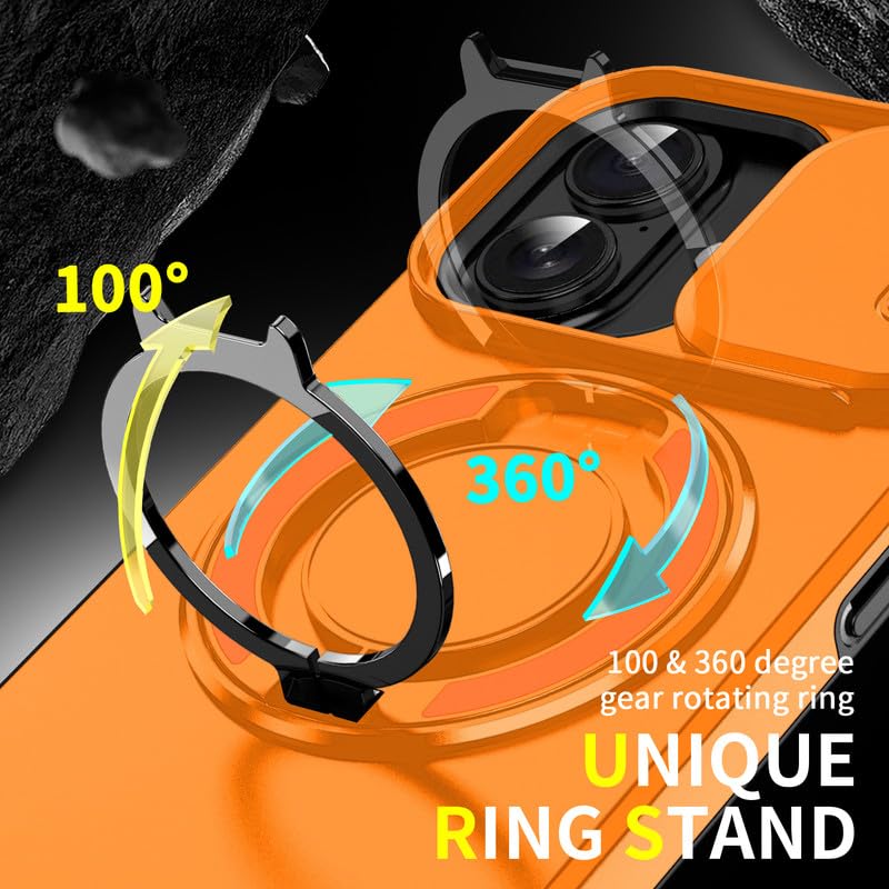 Image of LuxuryKase Shockproof Rugged Case for iPhone 17 | Slide Camera Cover | 360 Rotating Ring Kickstand | Military-Grade Protection - Sunset Orange