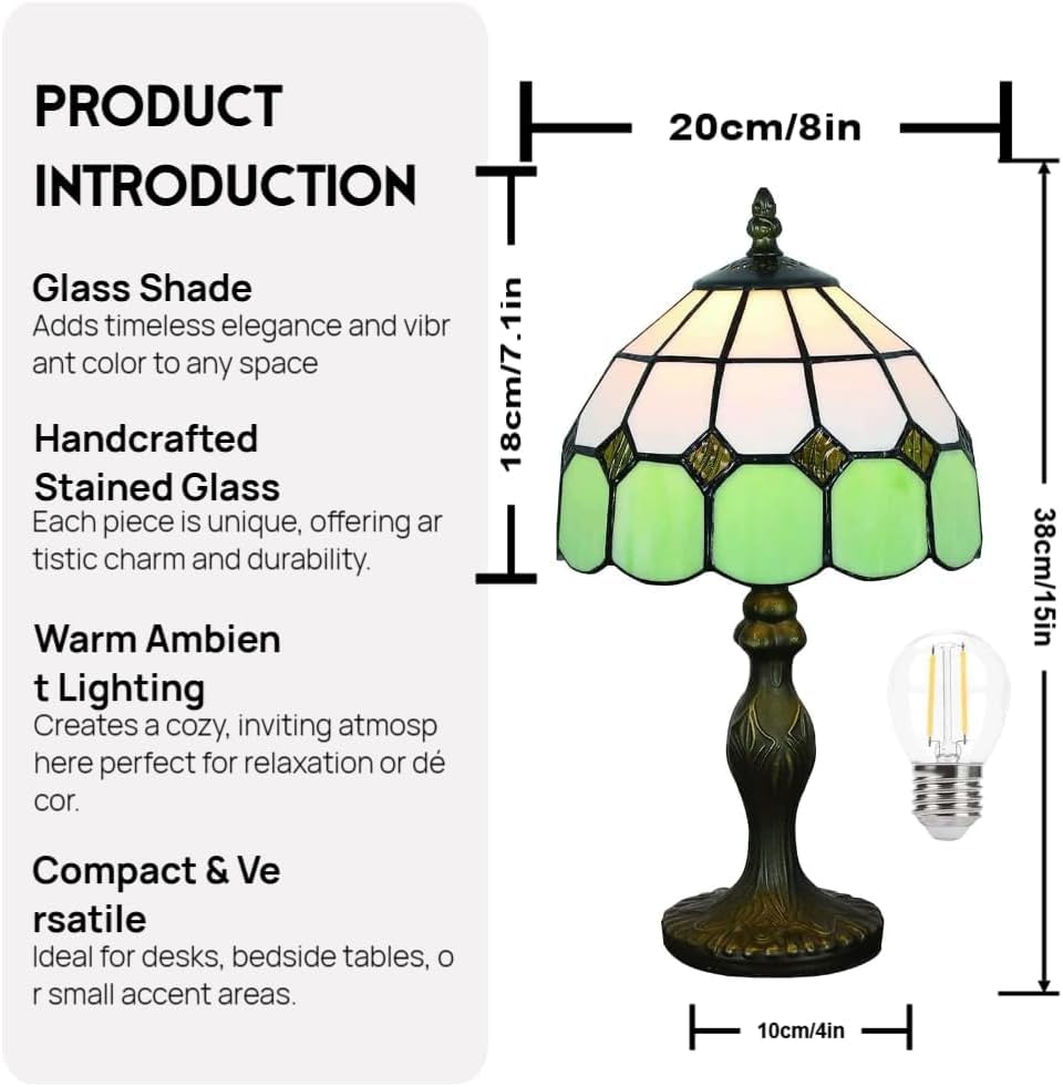 8" Tiffany Style Table Lamp | Handmade Stained Glass Shade | Vintage Bedside & Desk Light | Office & Study Accent Lamp