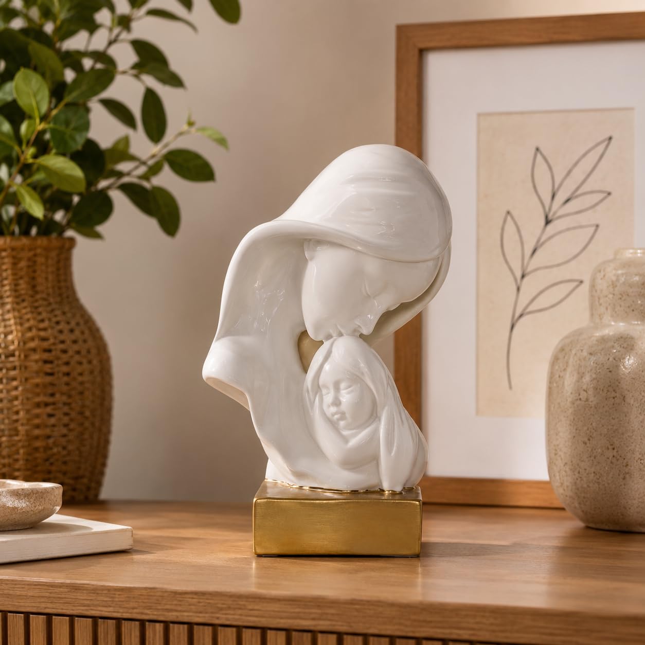 eCraftIndia Mother and Child Decorative Statue for Home Décor | White & Gold Family Showpiece | Modern Abstract Sculptur