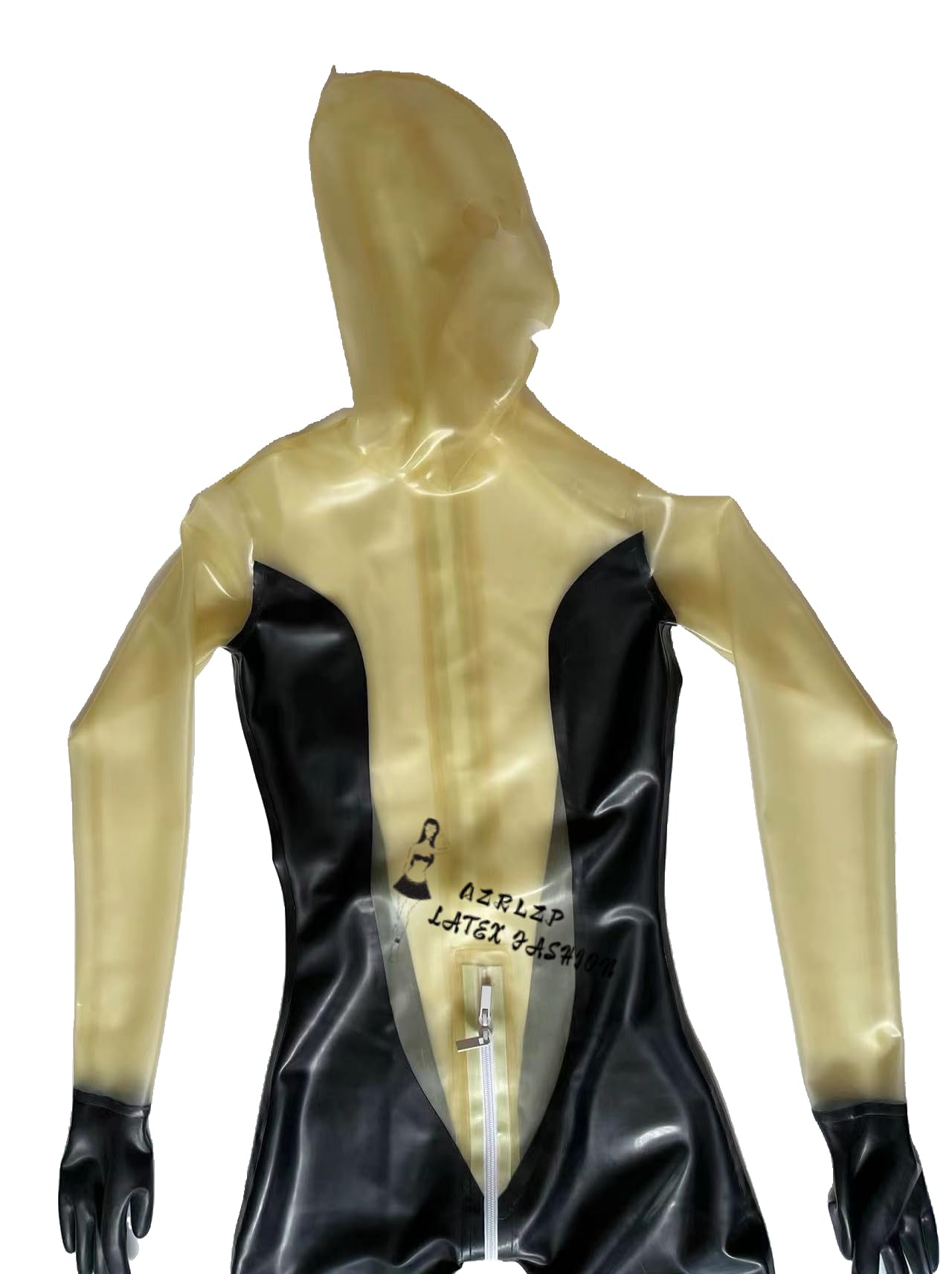 Sexy tuta nera trasparente con copertura completa in lattice di gomma Catsuit Fetish con cerniera posteriore