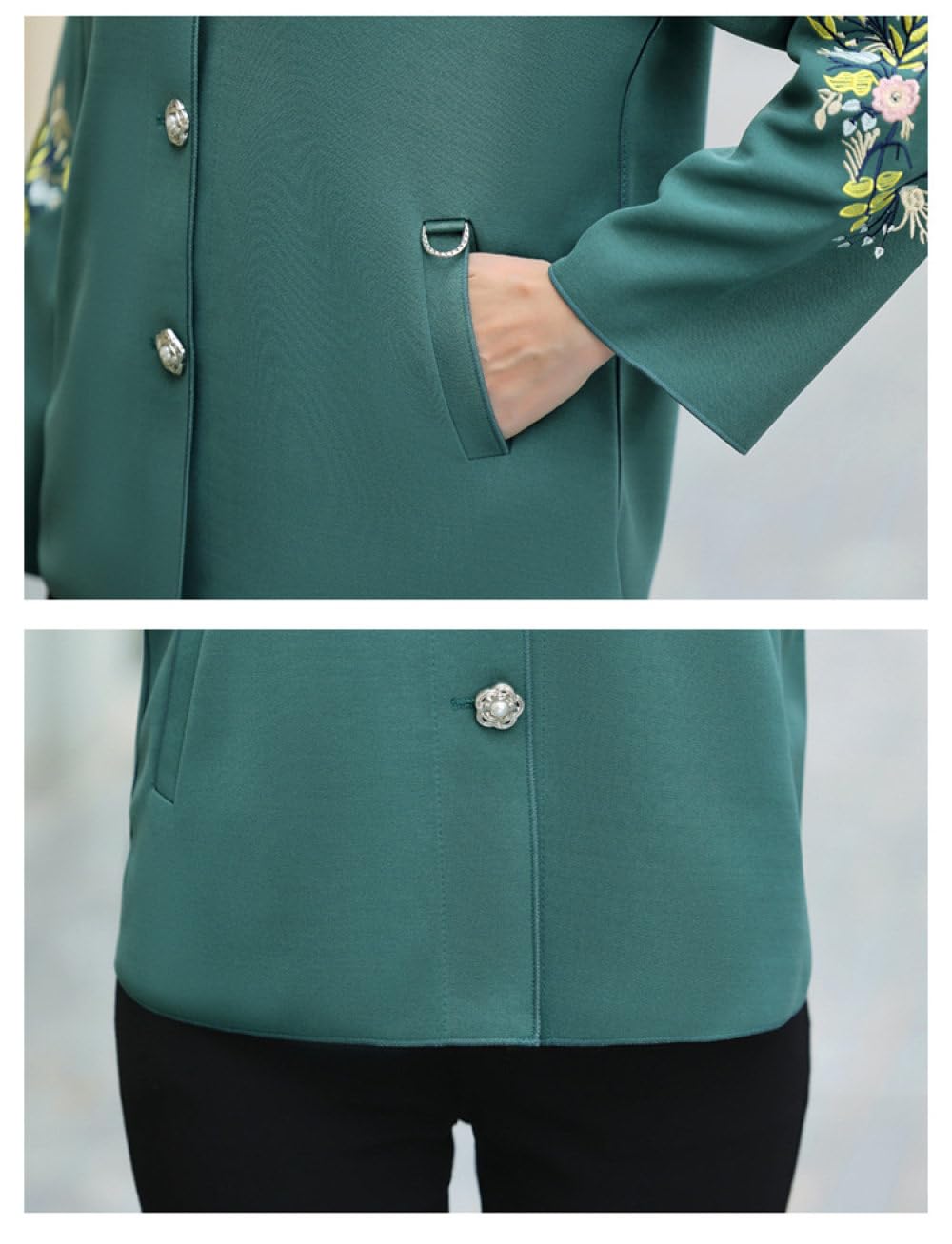 Trench da Donna Giacca Corta Ricamata Floreale,Giacca con Bottoni Colletto Rovesciato Verde con Tasca Capispalla Elegante Casual A Maniche Lunghe Giacca A