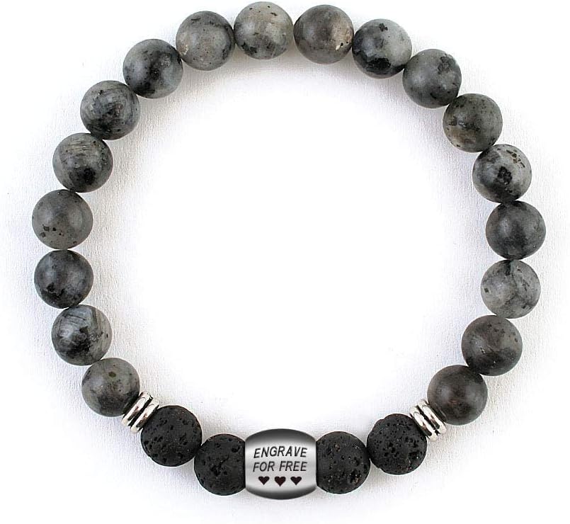 Handmade Labradorite Black Lava Custom Bracelet Engraved and Personalized with Initial or Coordinate Bead. Handmade for Man with Engraving Metall Natural Bead