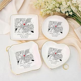 Custom Location Map Engaged Ring Dish, Personalized Engagement Jewelry Tray Gift for Newly Engaged Couple, Wedding Anniversary Ring Holder Dish for Bride or Wife