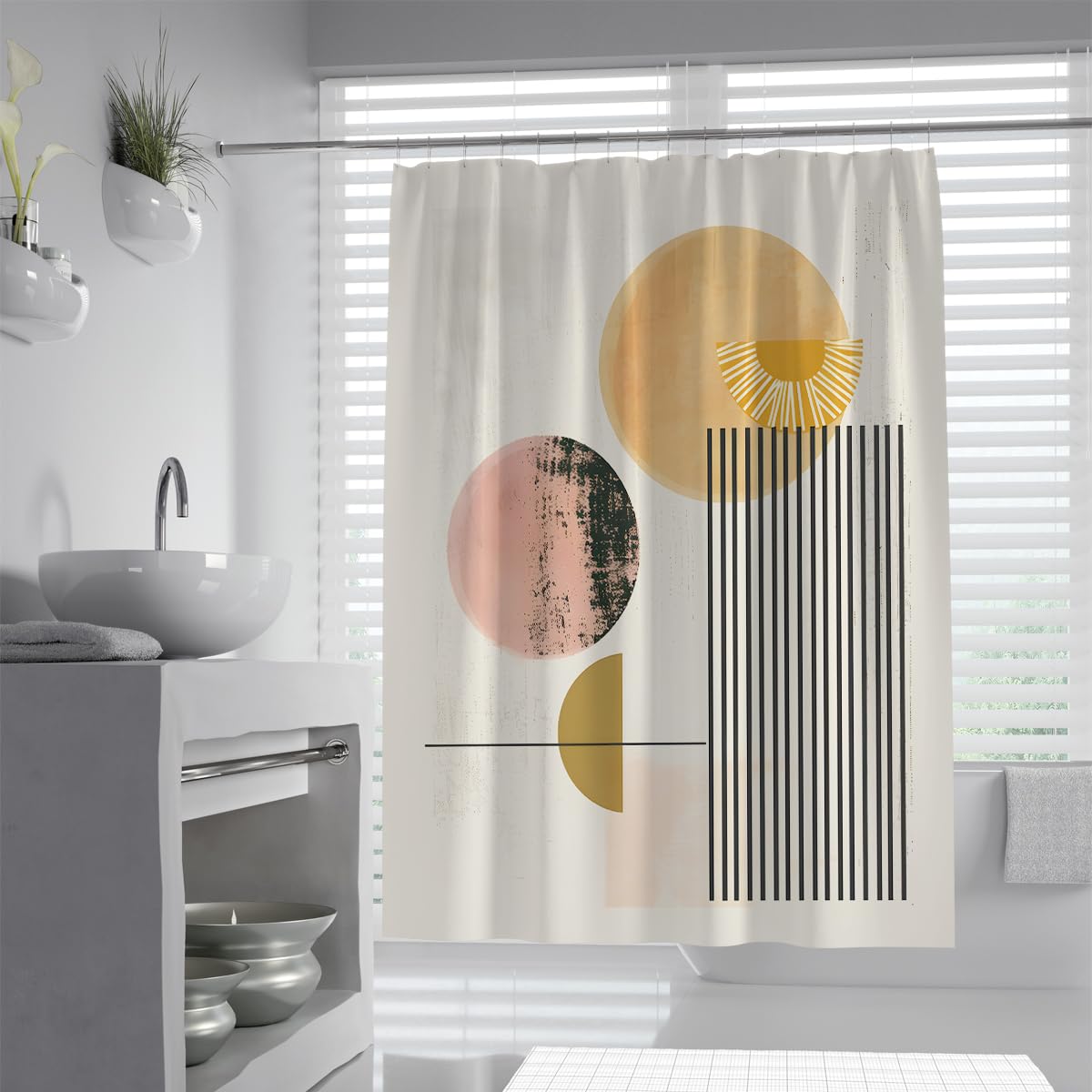 Uiringart Shower Curtains Yellow Pink Mid Century Geometric W180xl200cm Abstract Minimalist Anti Mould Waterproof Bathroom Shower Screen With Hook