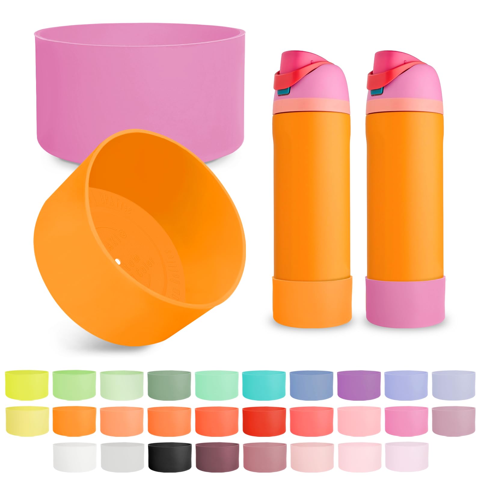 Kaitiaki 2PCS Silicone Boot for Owala 24oz FreeSip Water Bottle, Anti-Slip Scratch-Resistant Bottom Sleeve, Protective Sports Bottles Accessories, BPA-Free (Tropical Orange+Wildflower Fuchsia)