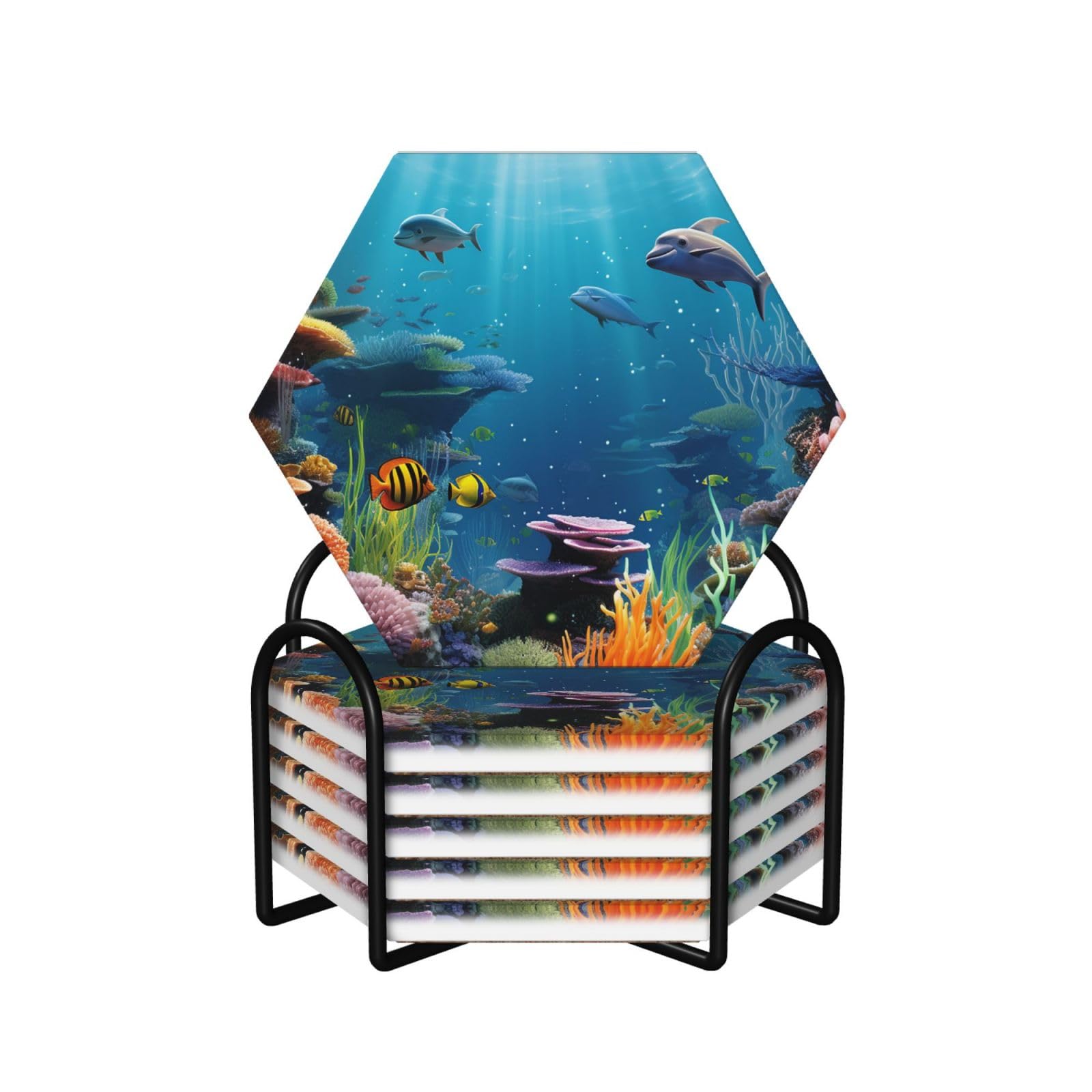 Dessous de verre hexagonaux en céramique lot de 6 avec support en métal motif monde sous-marin