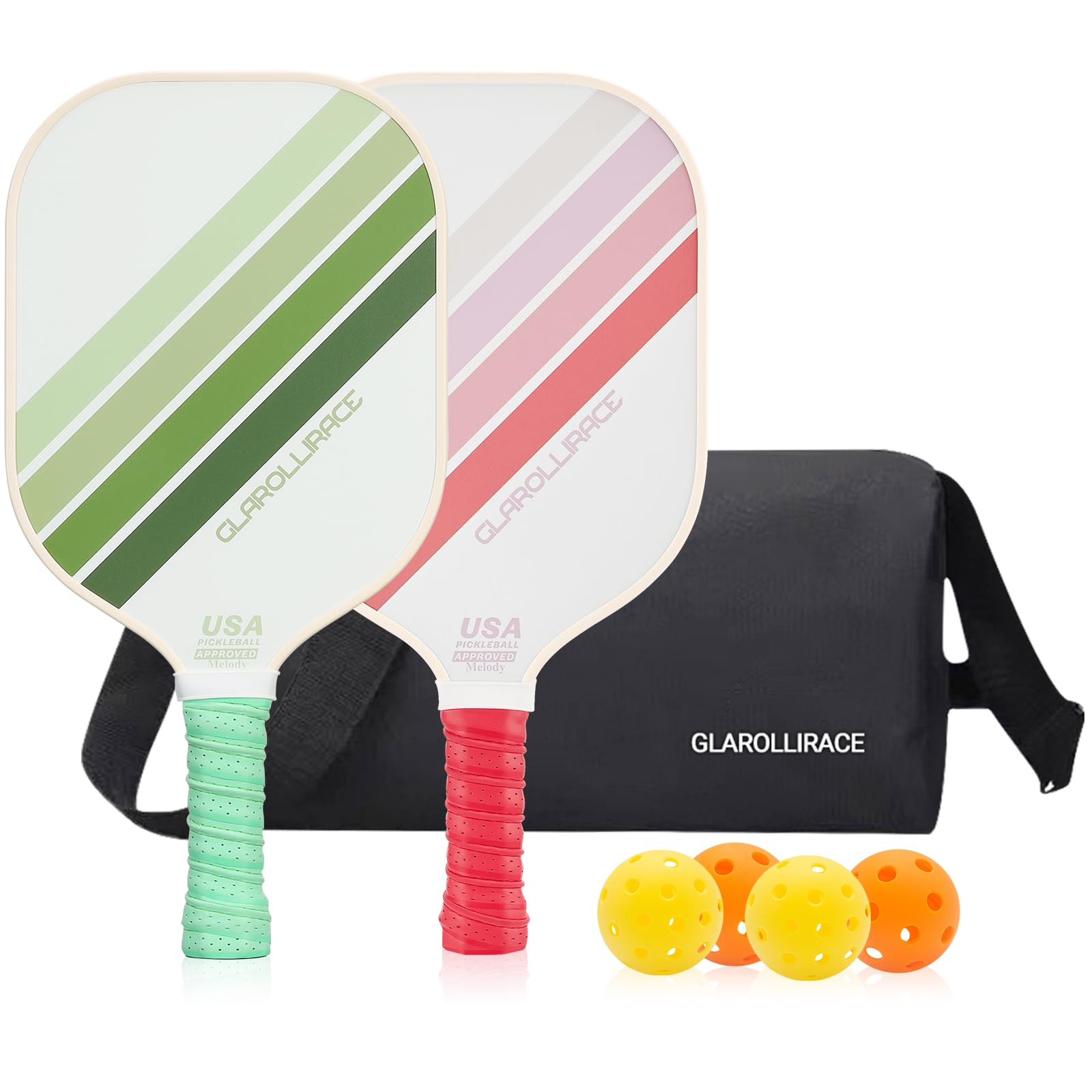 Set di 2 racchette da pickleball in fibra di vetro, approvate USAPA, superficie in fibra di vetro e nucleo a nido d'ape in polipropilene, manico traspirante, 4 palline per interni ed
