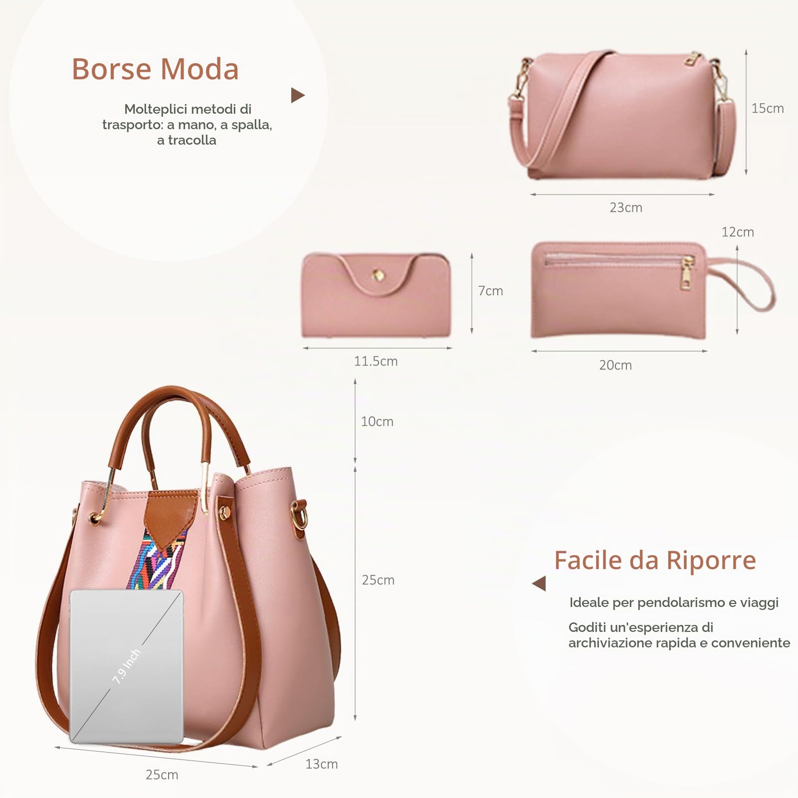 NICOLE & DORIS Borse donna Borse a spalla da donna Borse a tracolla Borse da 4 pezzi per donna Borse a tracolla Rosa