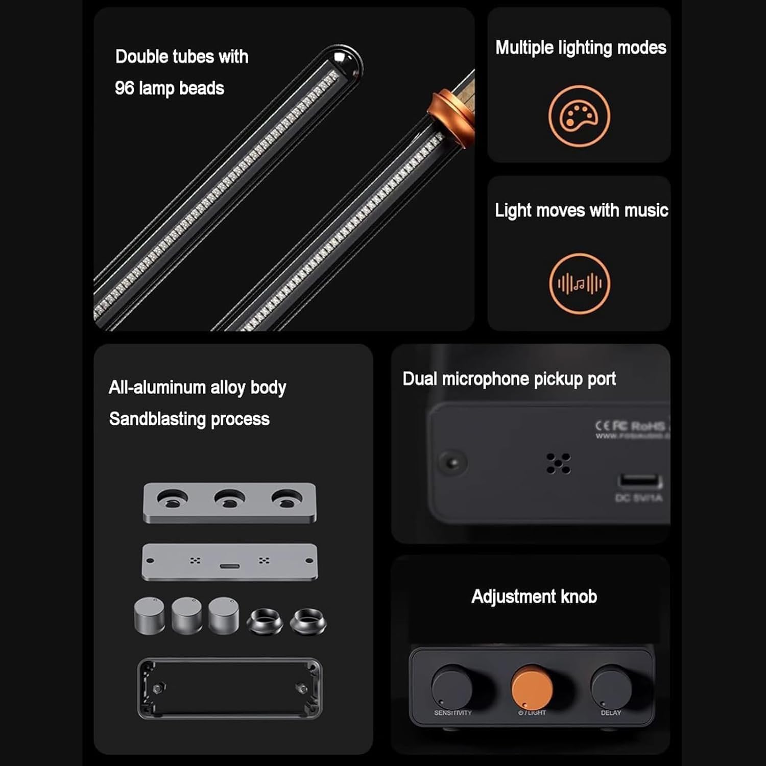 RGB Sound Pickup Spektrum Lampe mit MIC Sprachsteuerung, Vintage Tube Ambient Light, 4 Anzeigemodi, inklusive 2 Leuchtröhren für Studio und Gaming Zimmer