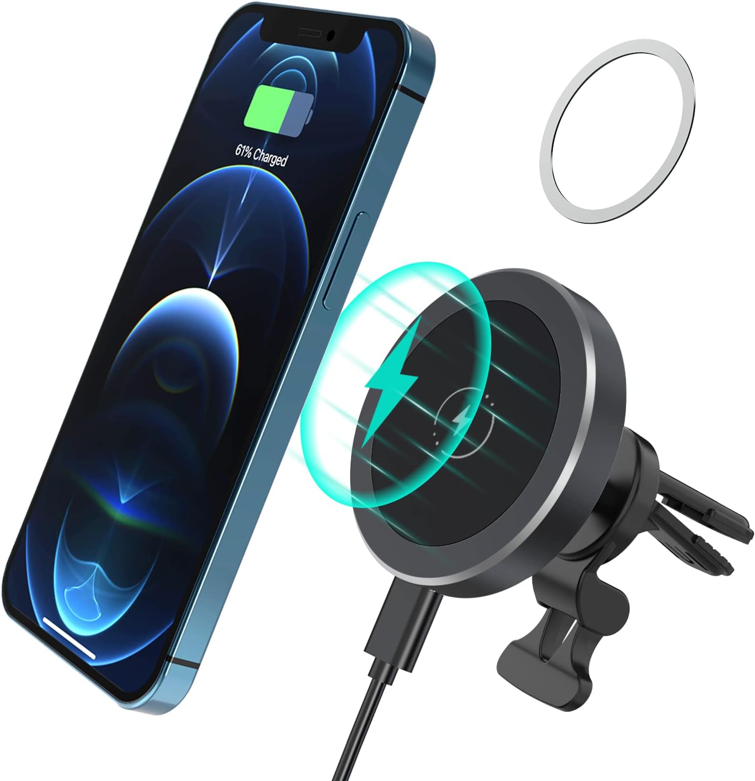 Magnetic Wireless Car Mount Charger, Mag Safe Car Mount for iPhone 13 Pro Max/Pro/Mini 12 Pro Max/12 Pro/12/12 Mini with Case Magnet Sticker Fast Mag Safe Car Mount Charger Air Vent