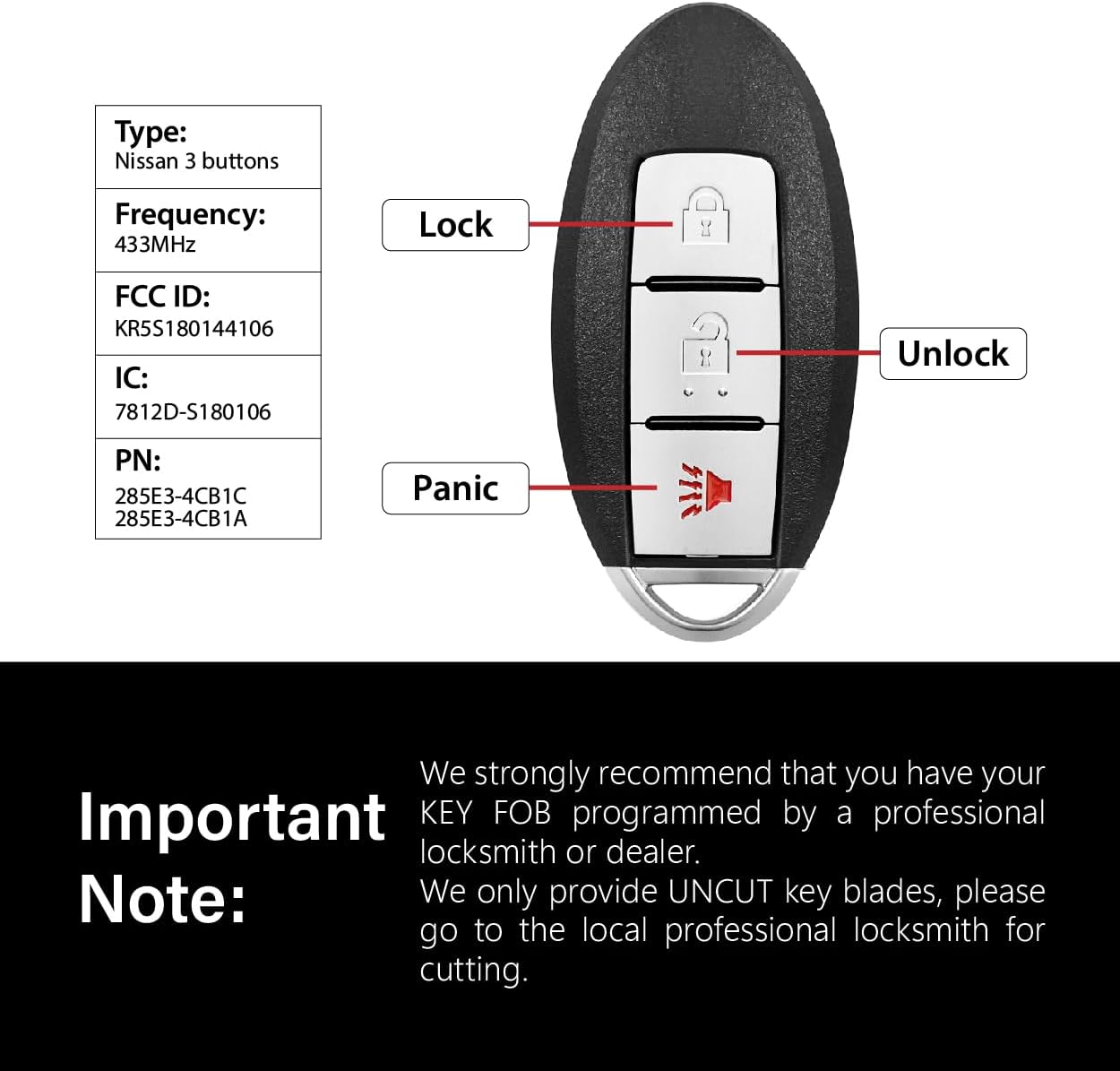 Replacement for 2014 2015 2016 2017 2018 Nissan Rogue Key Fob Remote Control KR5S180144106 3 Buttons 433MHz - Image 3