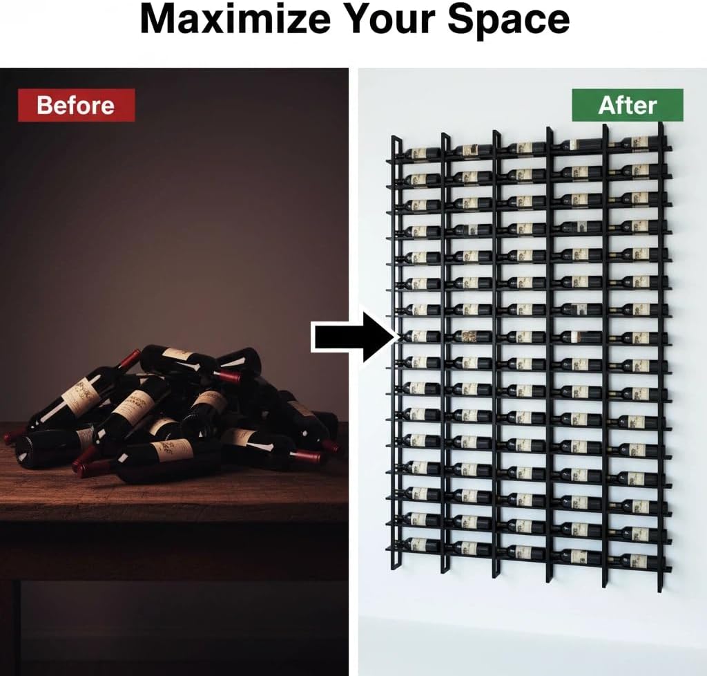 Large Wall Mount Wine Rack, 16 Tier 48 Bottle Wine Storage Organizer Display Holder, Metal Liquor Display for Wine Cellars, Home Bars, Kitchens, and Dining Rooms