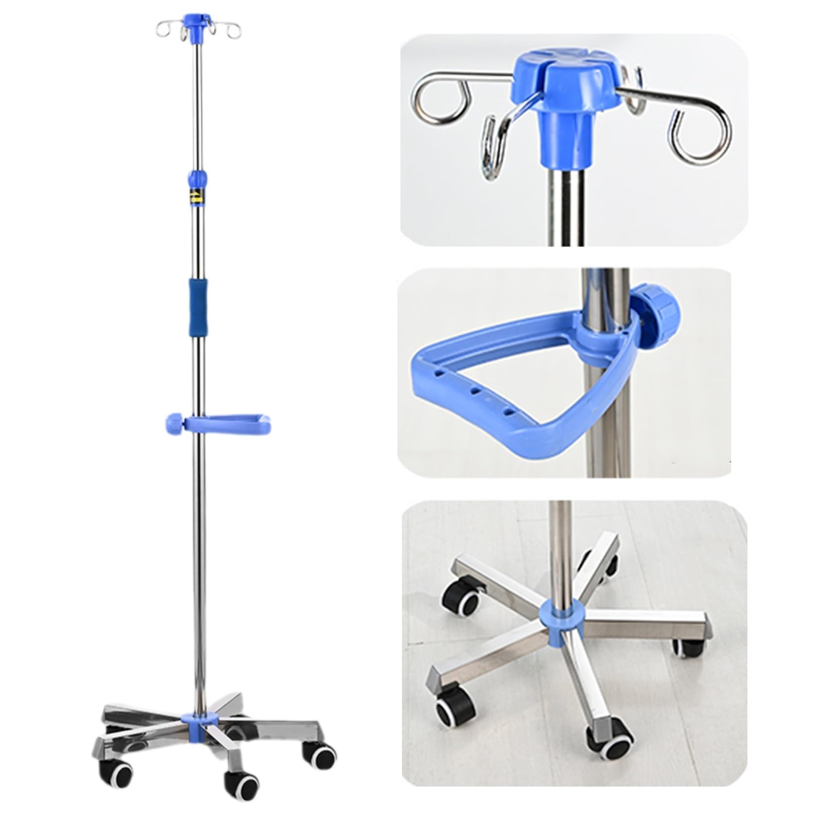 Soportes para suero con Ruedas, 4 Ganchos, 5 Patas, Base rodante de Acero Inoxidable Resistente, Altura Ajustable (Color: Azul a)