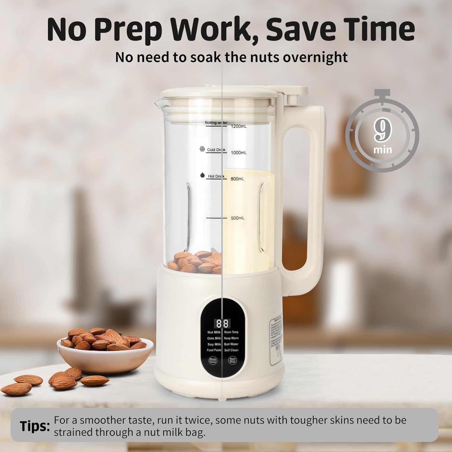 Nut Milk Maker, 40 Oz 8 in 1 Homemade Automatic Plant-Based Milk, Soy Milk, Oat Milk, Almond Milk & More Multifunctional/12 Hours Timer/Auto-Clean/Room Temp/Keep Warm/Boil/Room Temp/Low-Noise