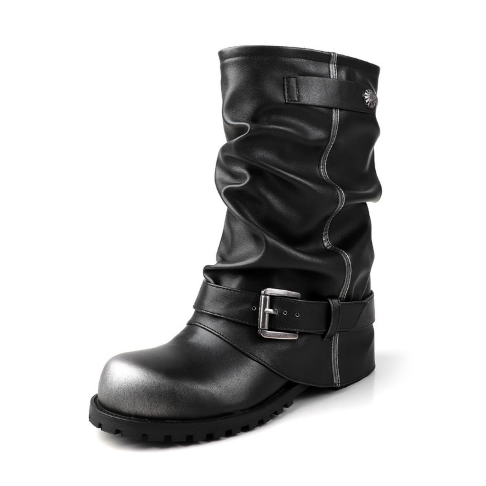 Goolita Mid Calf Fold Over Boots For Women Chunky Heels Round Toe Slouchy Platform Boots Fashion Slip On