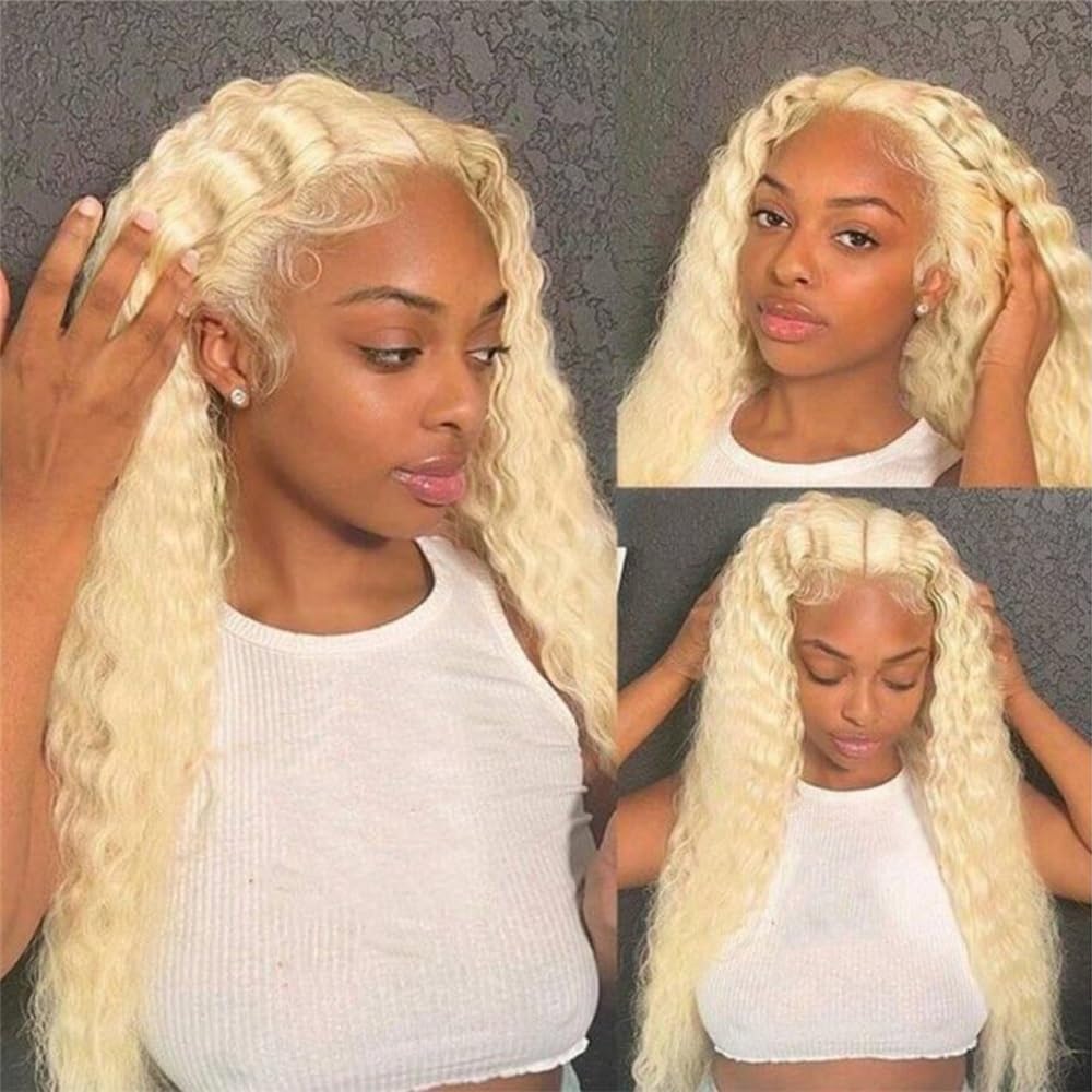 perücke Menschliches Haar 13x4 Lace Front Perücke Tiefe Welle #613 Lace Frontal Perücke Vorgezupft Kunstfaserhaar(22inches)