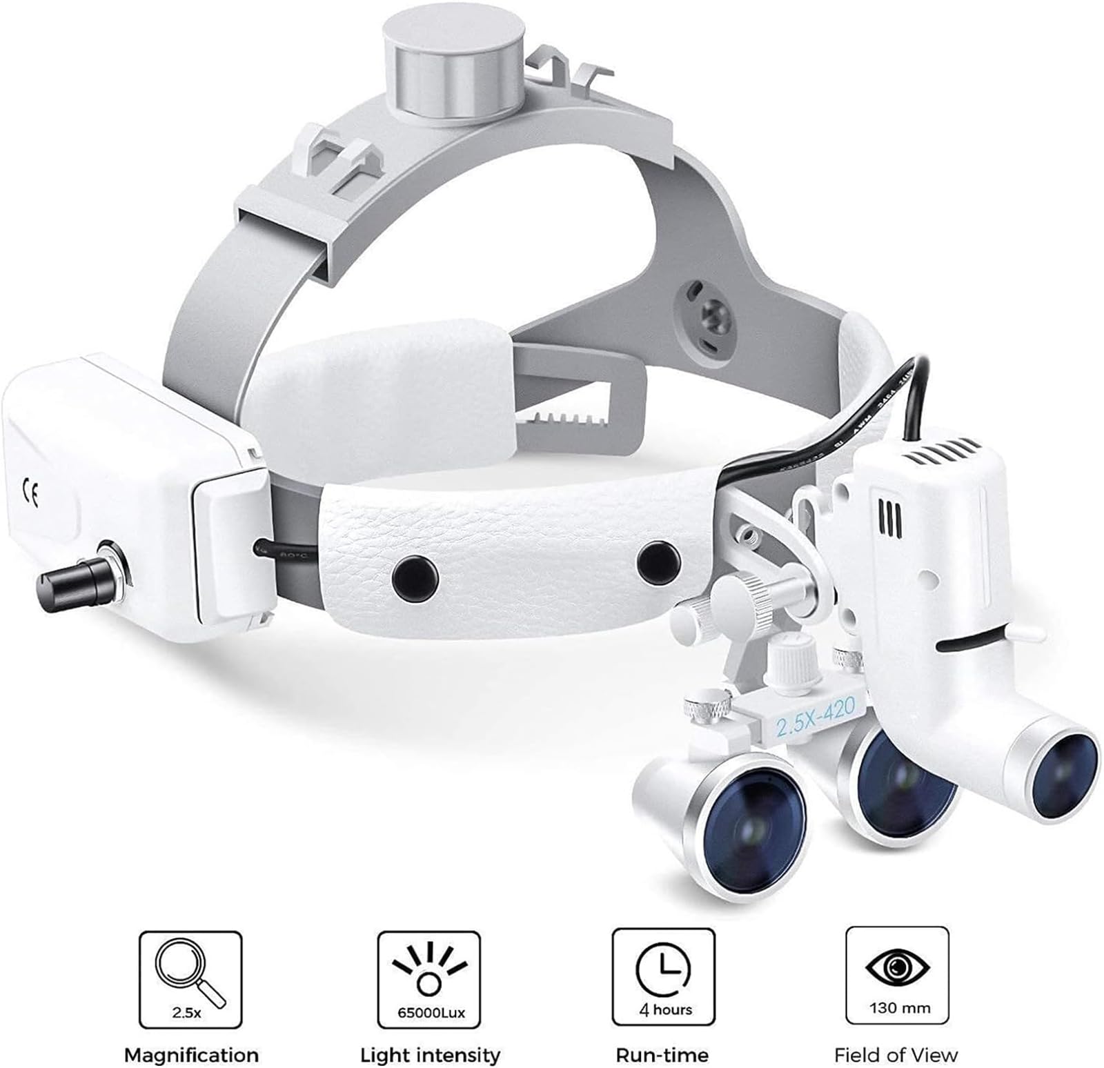 Lupa Dental, Binocular de 2,5 aumentos con luz Frontal y Diadema, 30 000 Lux de Alto Brillo, Ligera, Equipo de Laboratorio Binocular de Aumento para otorrinolaringología y estomatología.