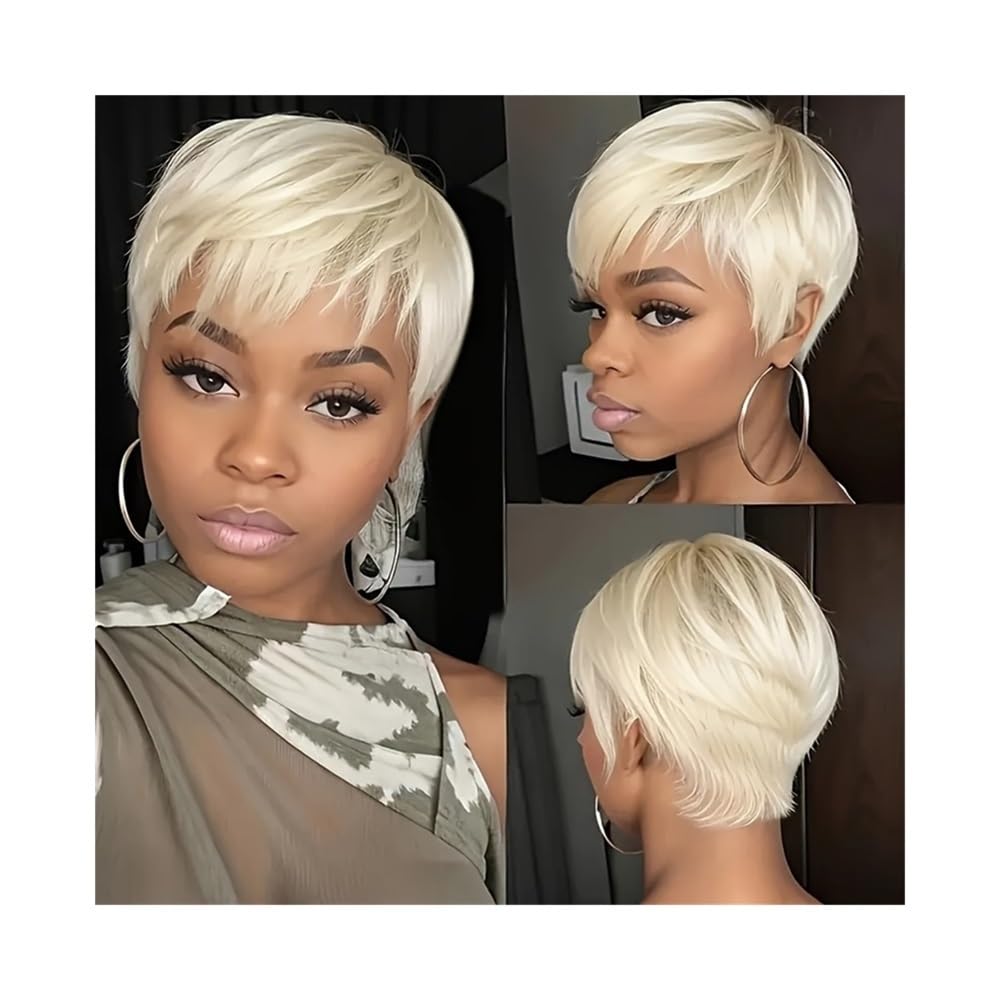 Haaraufsätze Peluca Corta de Cabello Humano Rubio en Capas, Corte Pixie, 613#, Liso, con Flequillo