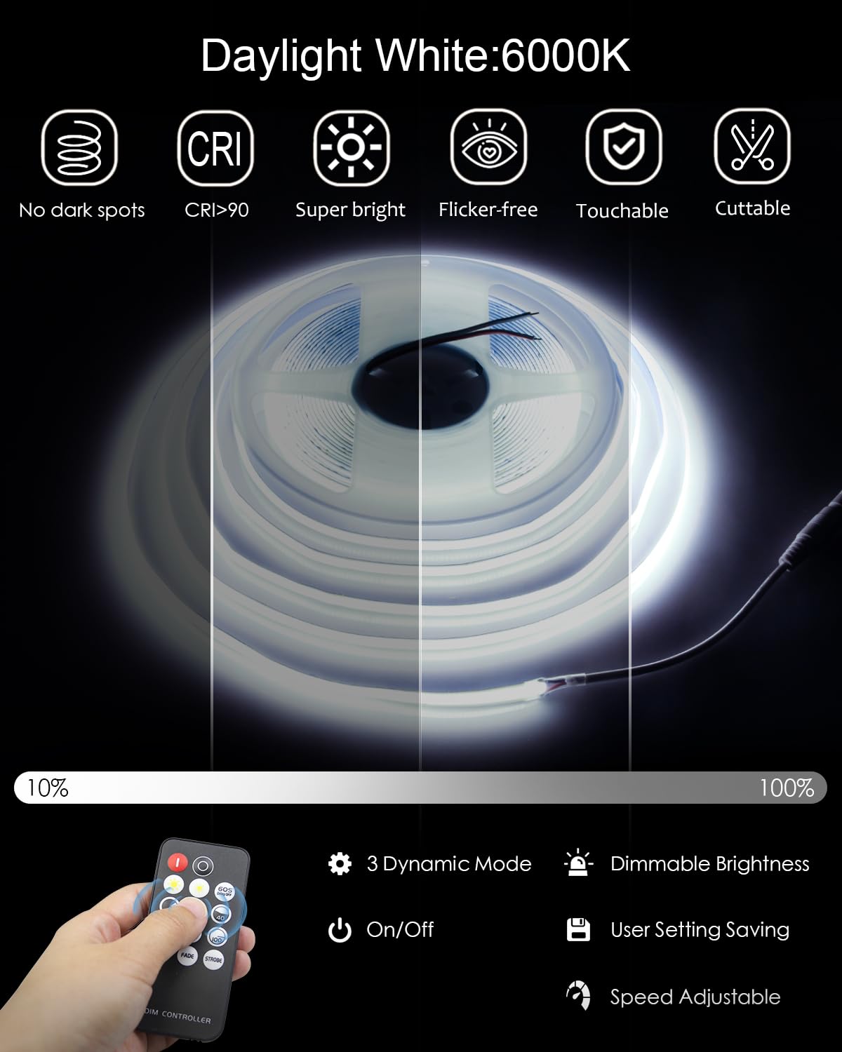 ALITOVE 32.8ft COB Led Light Strip Daylight White 6500K Super Bright 24V LED Mirror Lights with Remote Dimmable 3200LEDs CRI90+ Uniform Glow Ceiling LED Tape Light for Indoor Home Office Lighting