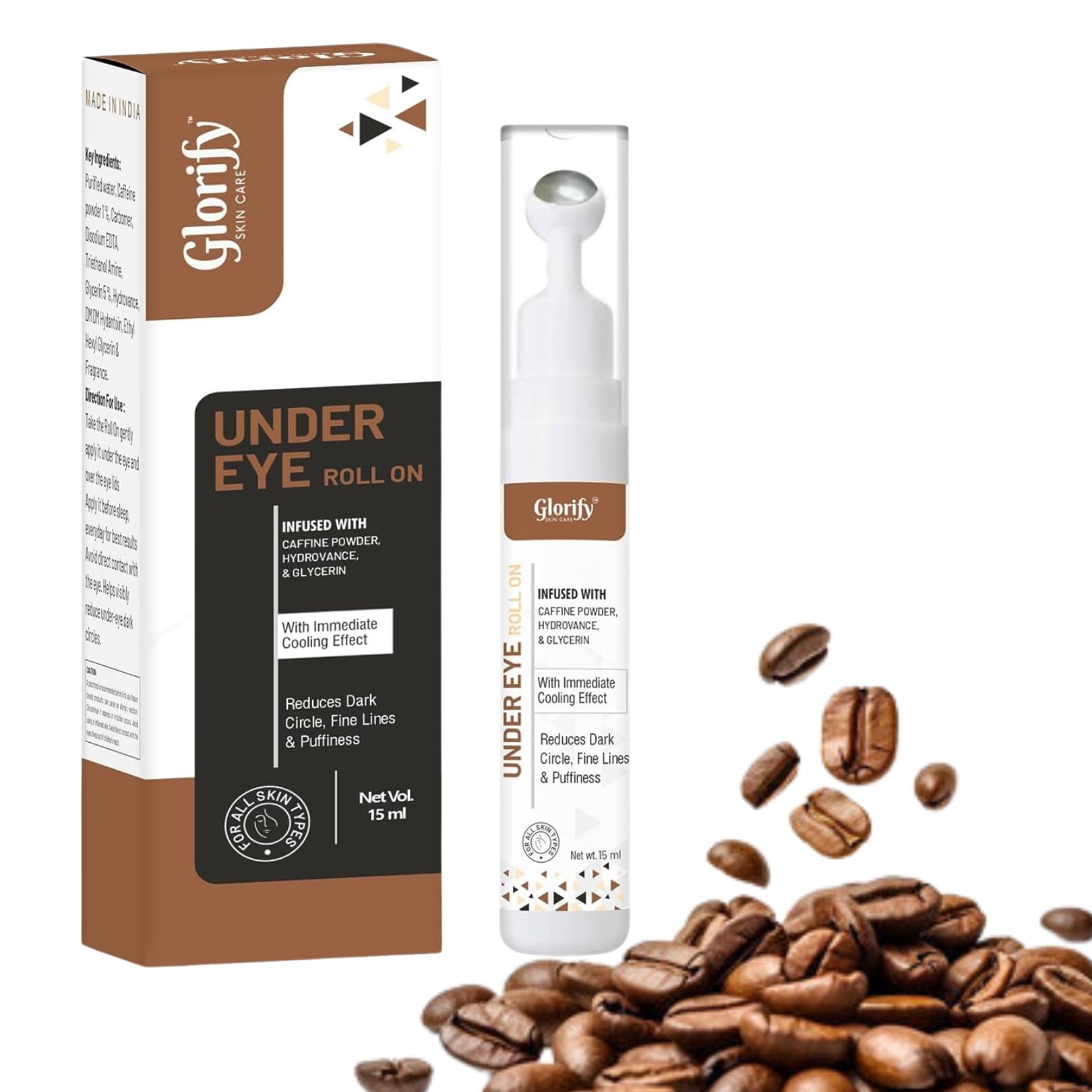 Glorify Caffeine Under Eye Roll on For Dark Circles (15ml) Puffiness & Fine Lines For Unisex| Cooling Massage Roller | Soothing Massage Roller to Reduce Dark Remover For Women & Men Skin care