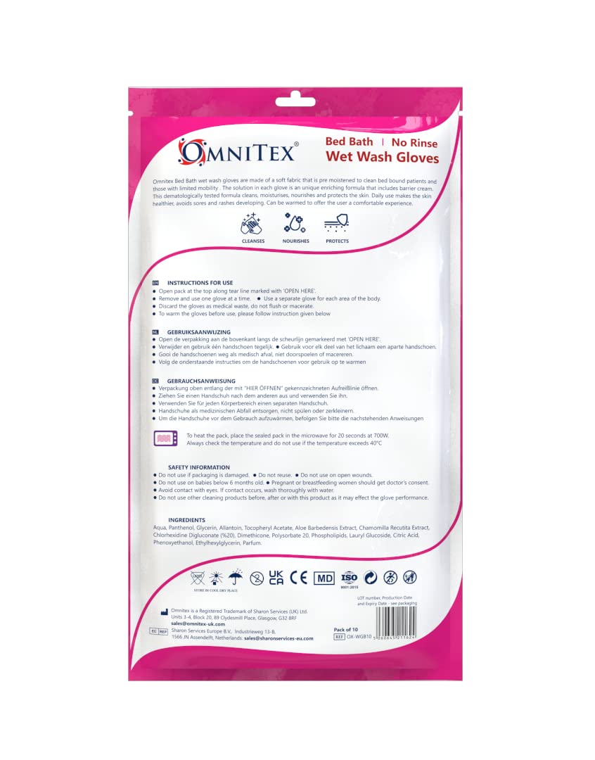 Omnitex Lot de 50 gants de toilette humides de qualité supérieure – Passent au micro-ondes | avec crème barrière diméthicone à l'aloe vera et vitamines | Lingettes de bain sans rinçage en forme de