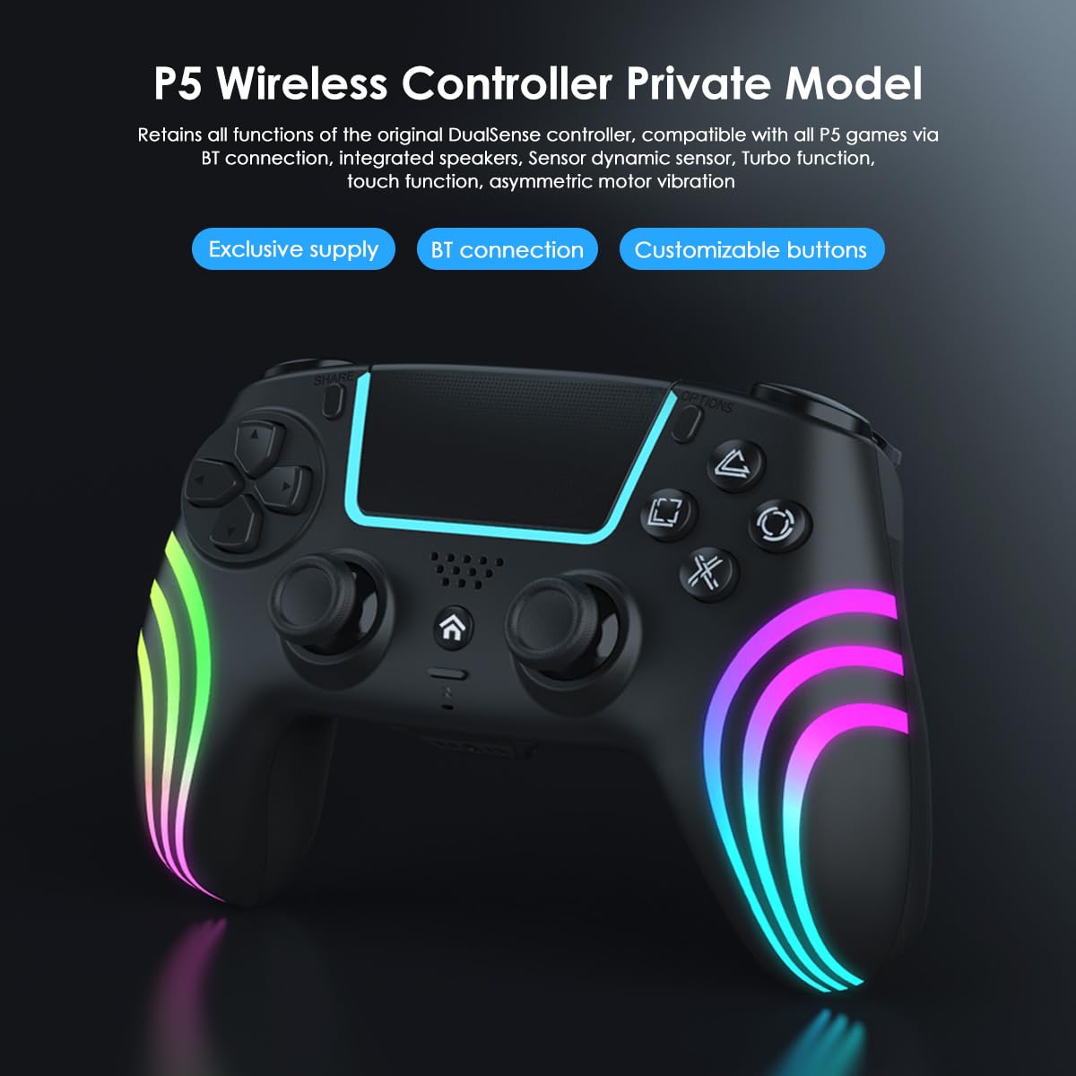 Mando Inalámbrico para PS5, Controlador para PS5, con Vibración y Seis Ejes, Panel Táctil, Turbo, Ponente, Clavija de Audio, para PS5/Pro/Slim/Consola/PC