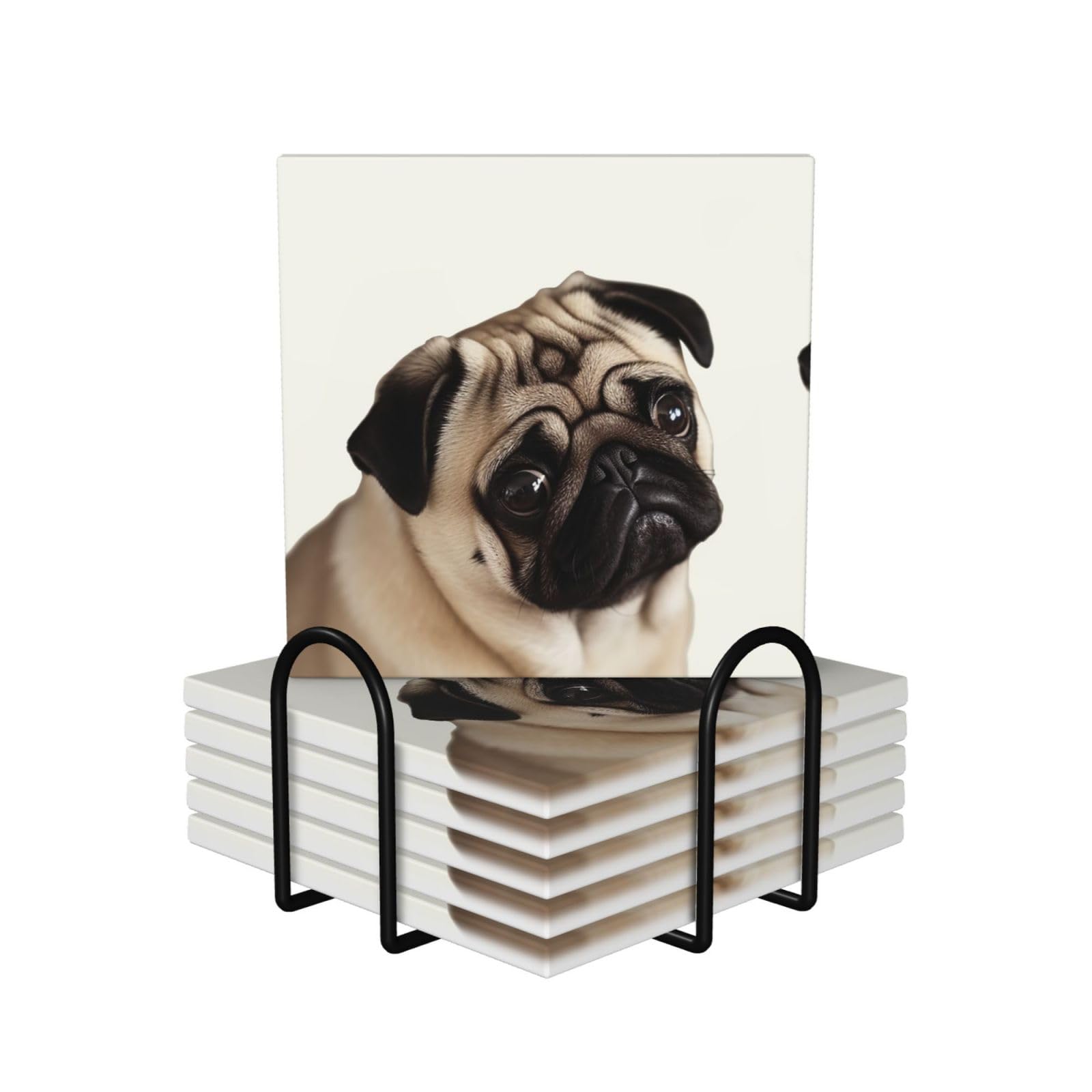 6Pcs Ceramics Coaster for Drinks, Pug Dog Cup Coasters with Holder, Aesthetic Drink Coasters for Coffee Table, Absorbent Round Coaster for Tabletop Protection 4" Cup Mat Pad