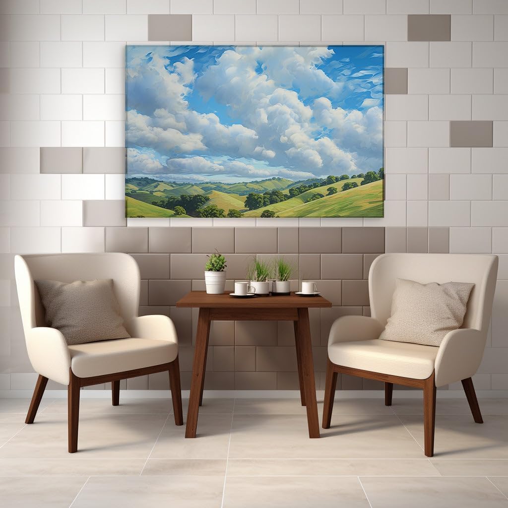 Canvas for Living room. Whispers of Serenity: A Digital Panorama of Verdant Hills and Blissful Skies, 27 x 18 inch Canvas Wall Art - Contemporary Masterpieces - Modern Home Decor