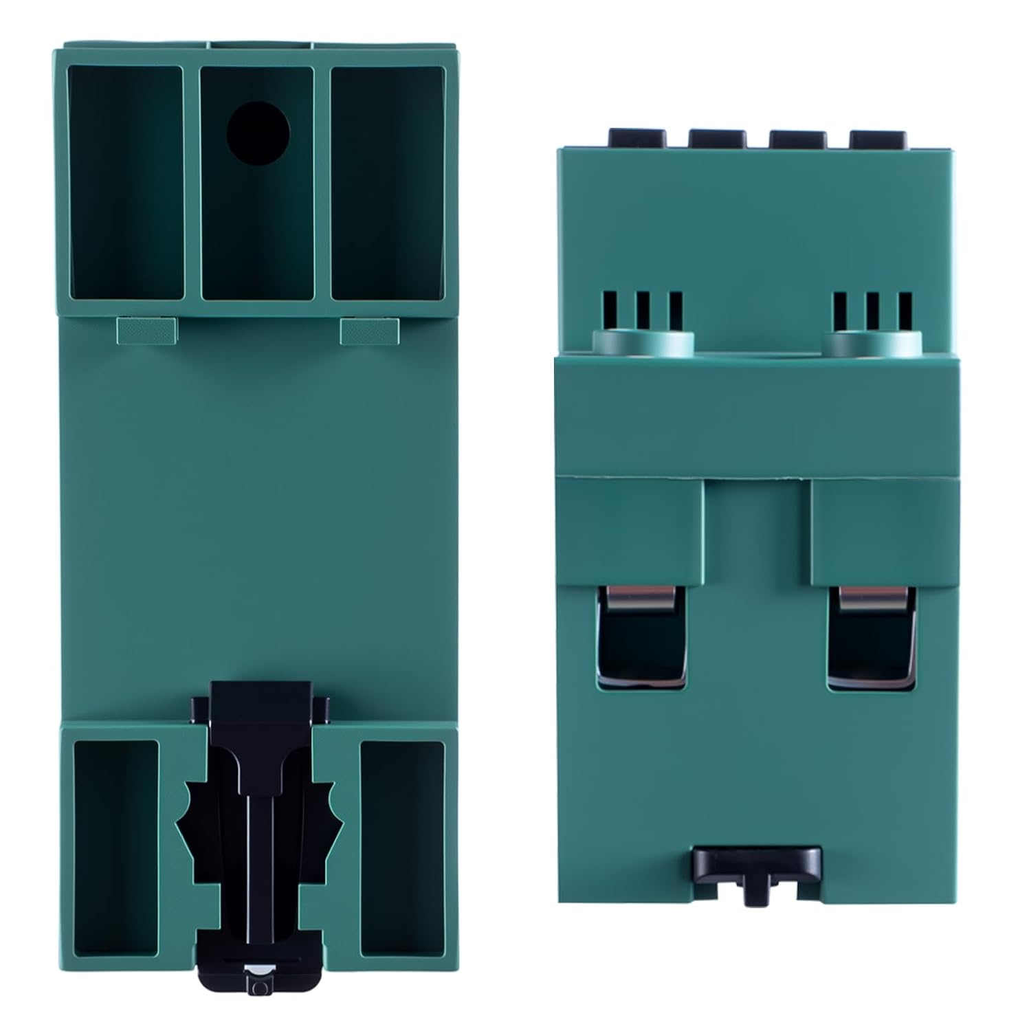 sebelah view daripada voltage protector, showing the DIN rail mounting mechanism.