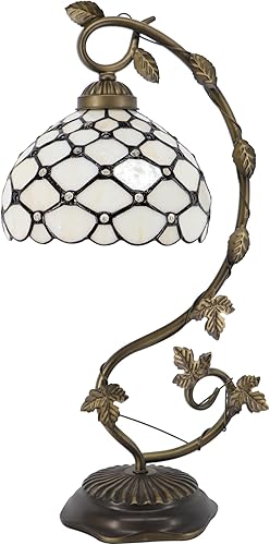 Tiffany - Lámpara de mesa, luz de lectura de escritorio de vidrieras, base de lámpara de mesa de hojas de metal, 8 x 10 x 21 pulgadas (cuentas crema)