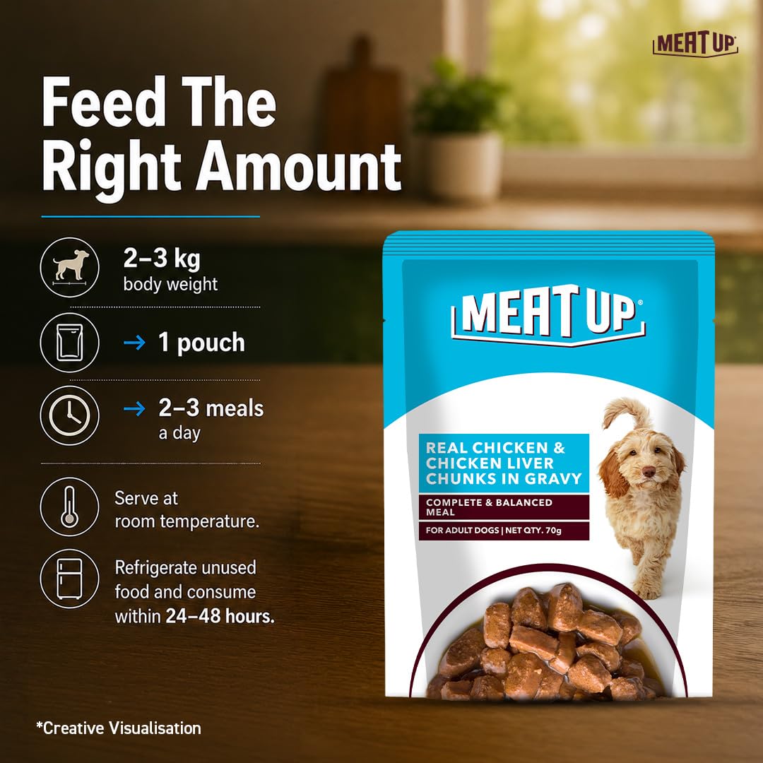 Meat Up Adult Wet Dog Food, 16 Pouches × 70g, Total 1.12kg | Real Chicken in Gravy | Healthy Digestion | Promotes Health & Vitality | Complete and Balanced Meal 3