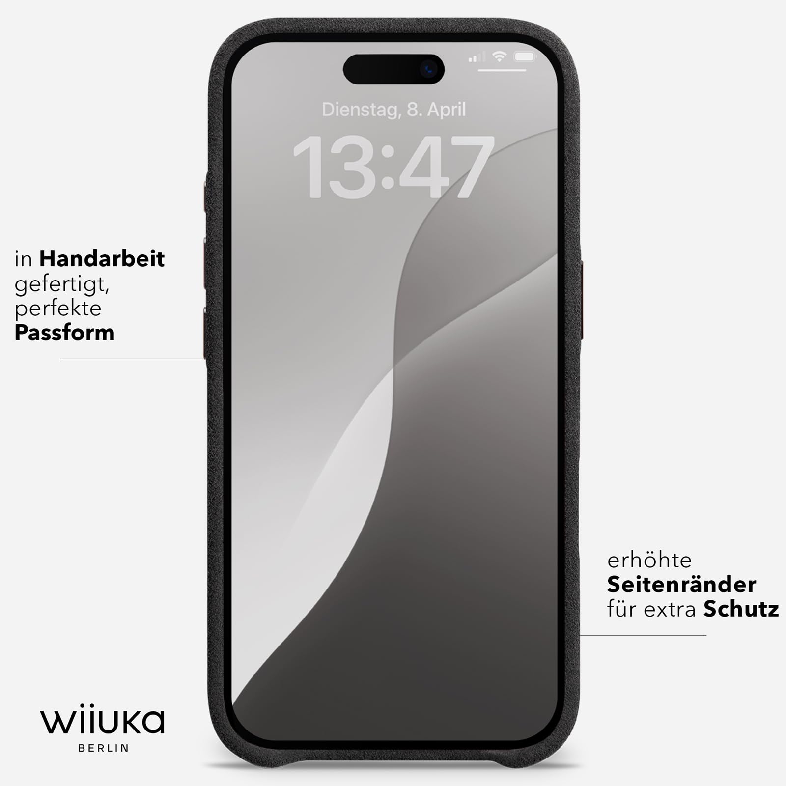 WIIUKA Etui do iPhone 17, oryginalne Alcantara®, ręcznie wykonane, bardzo cienkie, premium etui na telefon komórkowy, Case, Qi, alternatywa dla skóry, skiin Alcantara, czarne
