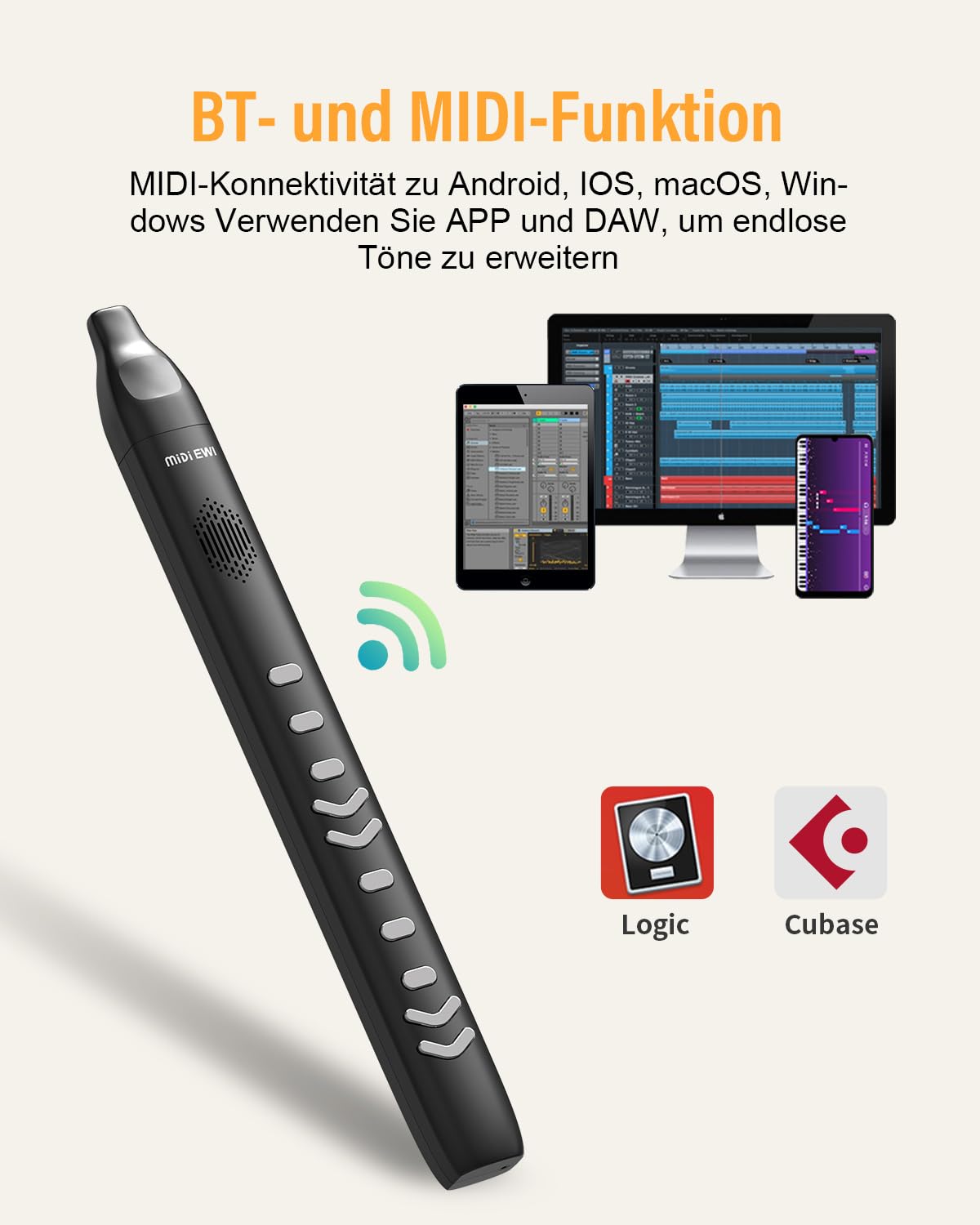 Instrument à soufflage numérique noir, prise en charge Bluetooth, MIDI, instrument à souffler électronique avec câble d'alimentation