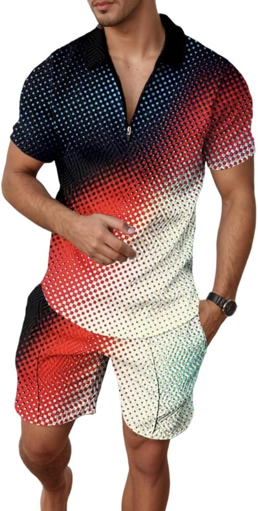 Akivide Mens Summer Short Sets Casual 2 Piece Outfits Fashion 1/4 Zip Lapel Short Sleeve Polo Shirt & Shorts for Men