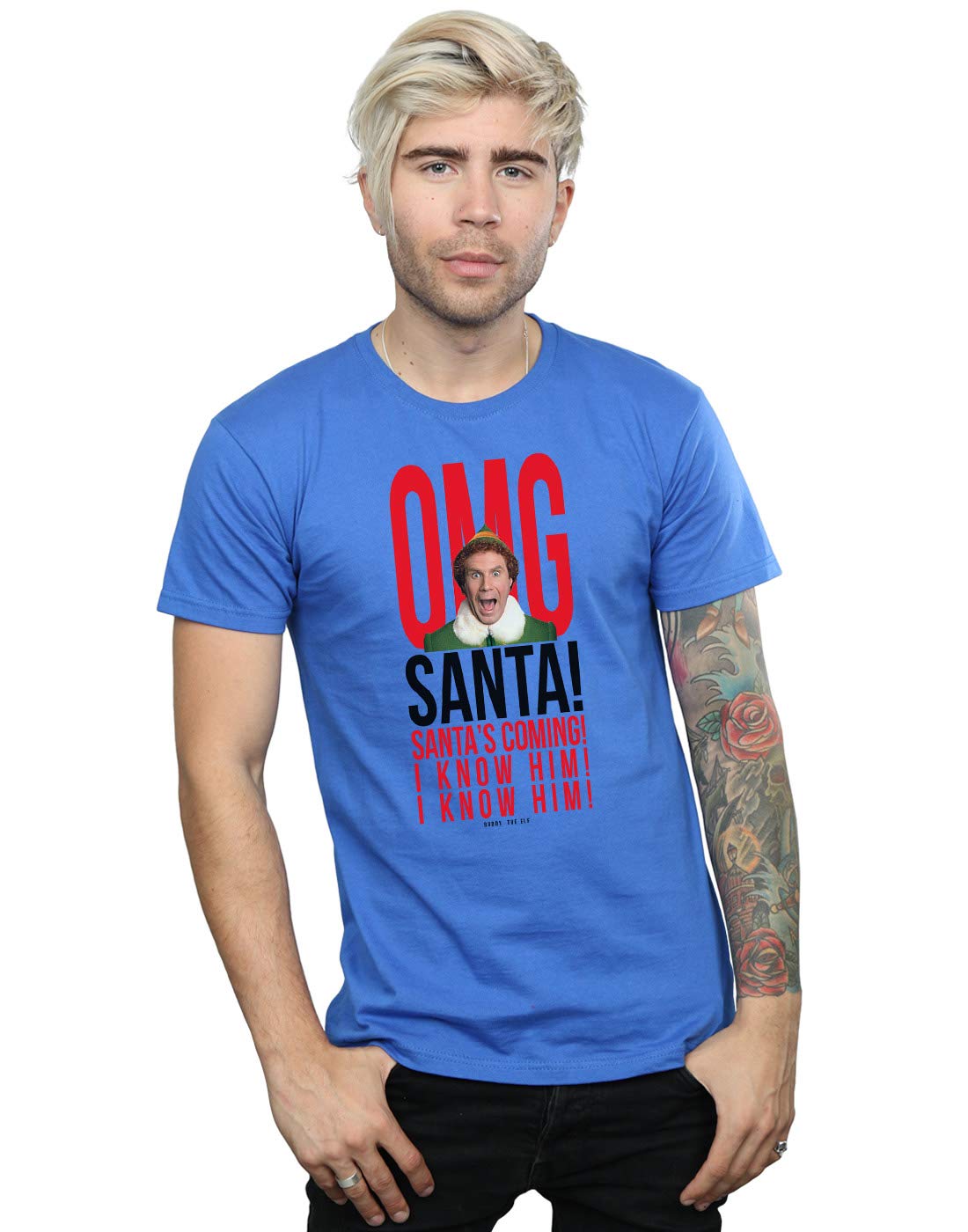 Absolute Cult Men's Royal Blue Elf Omg Santa I Know Him T-Shirt Large