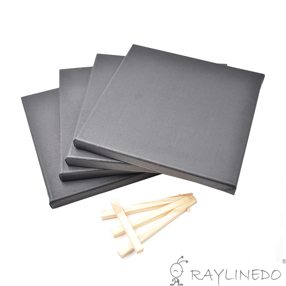 RayLineDo® Set of 4pcs Mini Artist Black Canvas Frame 8x8inch (20x20cm) Oil Water Painting Board Flat Canvas with 1pc Mini Wood Display Easel