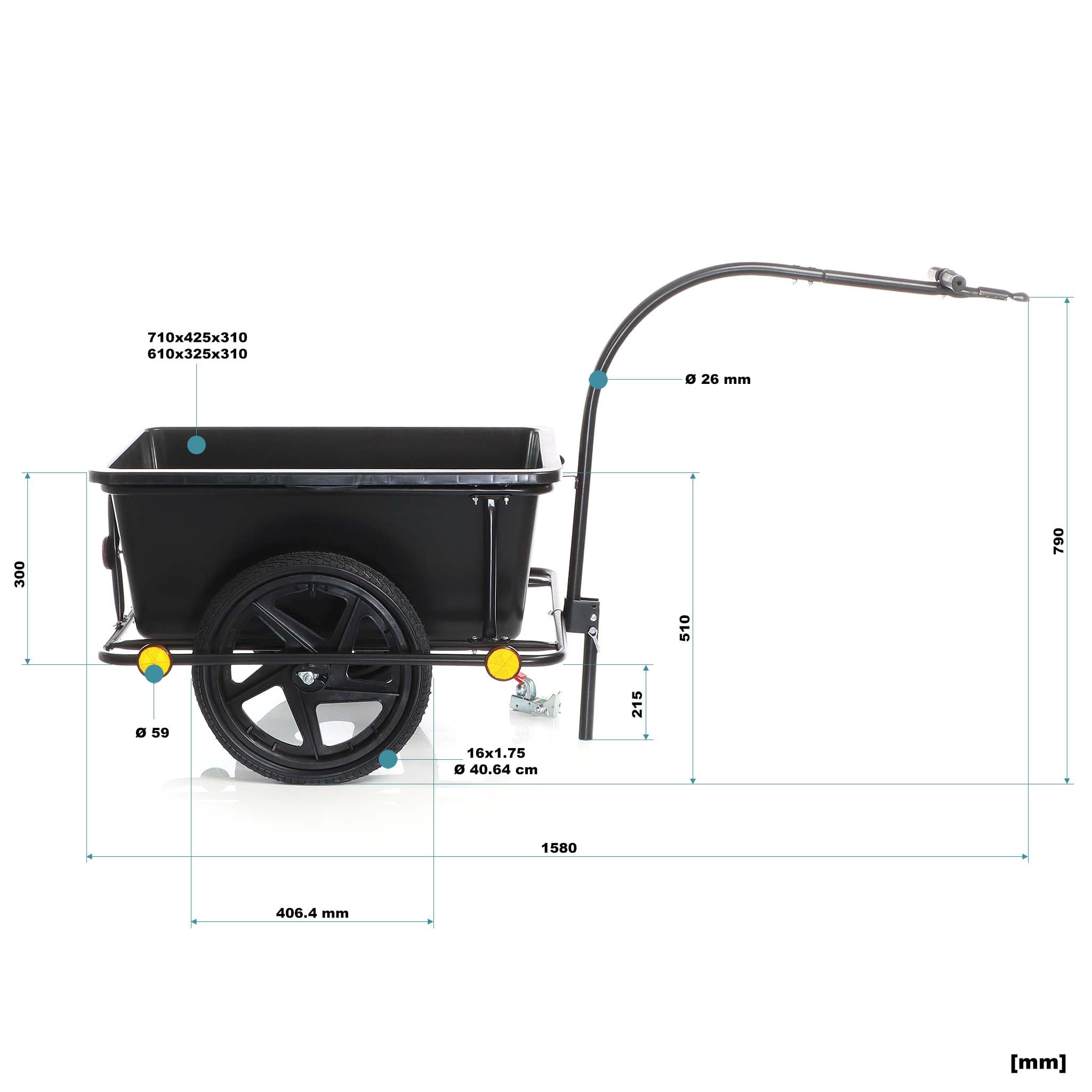 Wiltec Fahrrad Lastenanhänger 158x69x51 cm bis 80 kg, Fahrradanhänger mit 90 L Transportwanne, Kupplung und Luftreifen, Handwagen Anhänger für Fahrrad