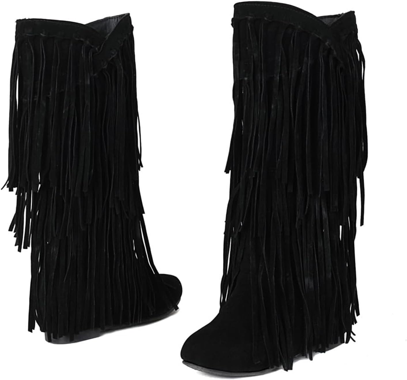 GUNIYIFS Womens Cowboy Boots Mid Calf Fringe Western Boots for Women Round Toe Fashion Hidden Tassel Heel Knee-high Snow Boots
