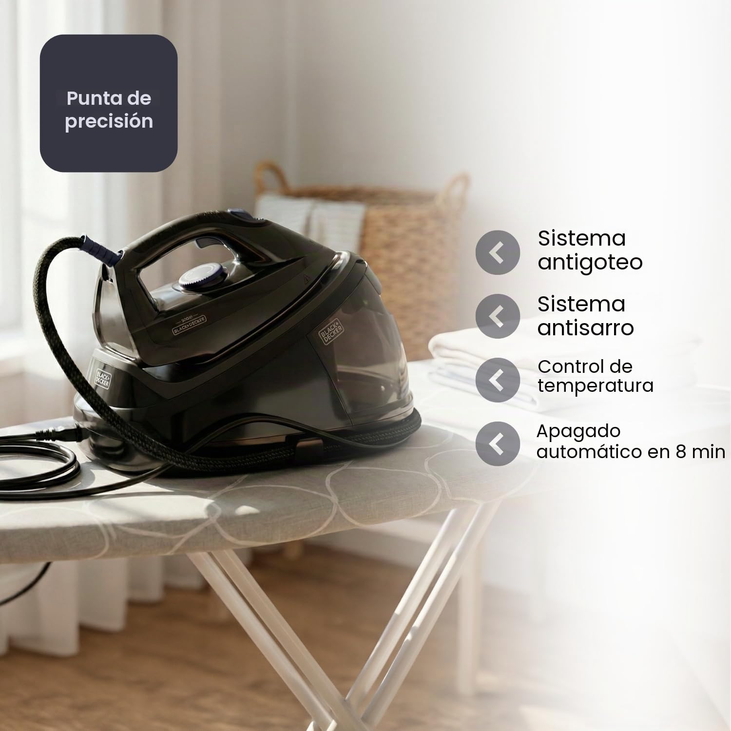 Black+Decker - Centro de Planchado BXSS2600E | 2600W | Presión 7 Bares | Vapor antimicrobiano | Depósito Extraíble 1.5L | Vapor Seco Continuo 130 g/min |Sistema Antical y Bloqueo | Modo ECO | Auto Off