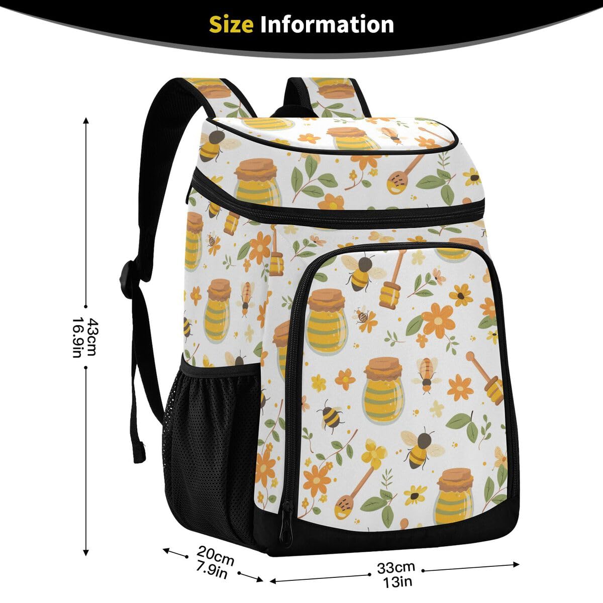 Flower Honey Bee Cooler Backpack Leakproof Insulated Lunch Cooler Bag 30 Cans Camping Backpacks for Beach Hiking Camping