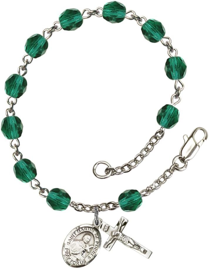 Bonyak Jewelry St. Martin de Porres Silver Plate Rosary Bracelet 6mm Fire Polished Beads - Every Birth Month Color